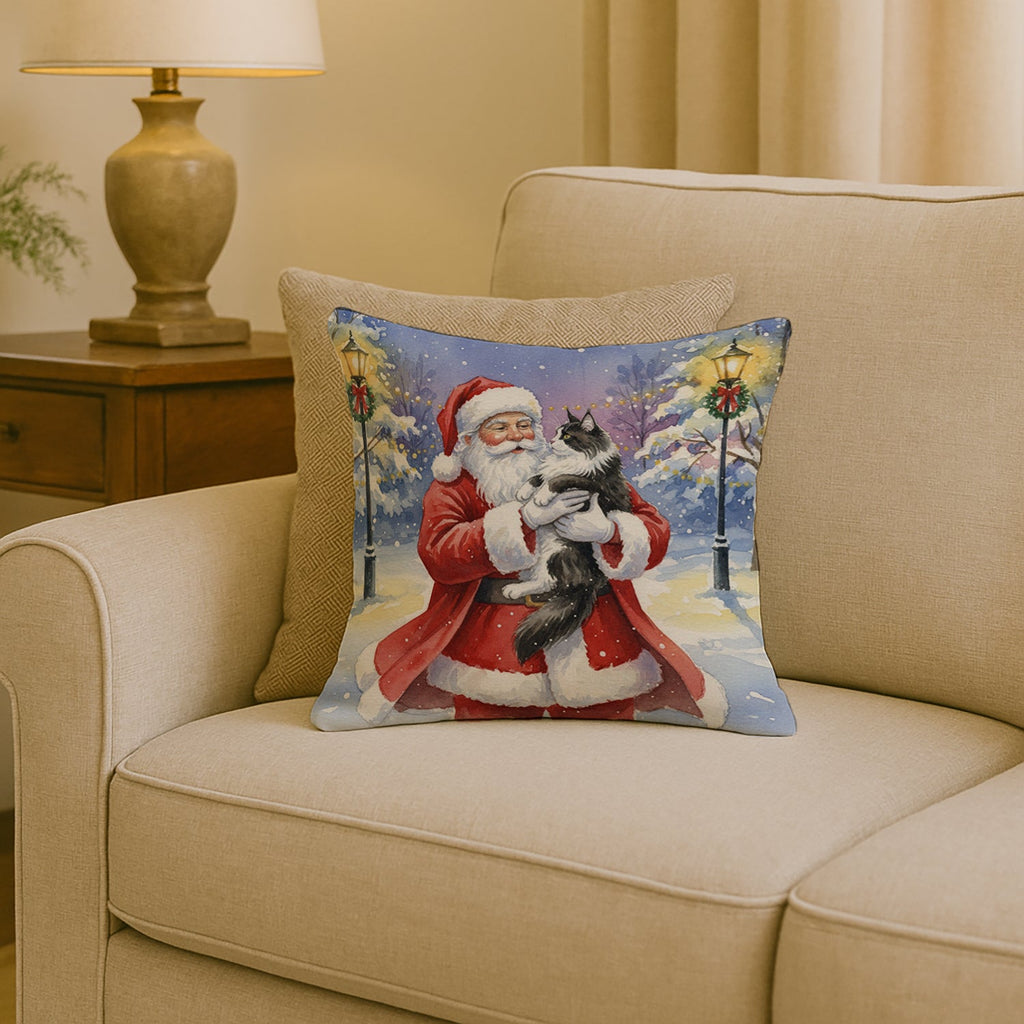MaineCoon Black & White Cat with Santa Claus Decorative Throw Pillow 18x18 Indoor Outdoor Accent Cushion, Fabric Cover with Insert for Sofa, Bed, Porch & Living Room