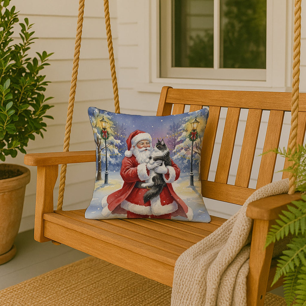 MaineCoon Black & White Cat with Santa Claus Decorative Throw Pillow 18x18 Indoor Outdoor Accent Cushion, Fabric Cover with Insert for Sofa, Bed, Porch & Living Room