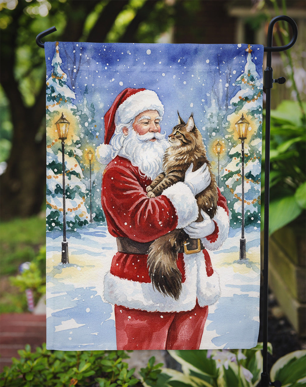 MaineCoon Brown Tabby Cat with Santa Claus Garden Flag Mailbox Decorative Yard Banner Outside Patio Artwork for Flower Beds, Garden Size, Multicolor