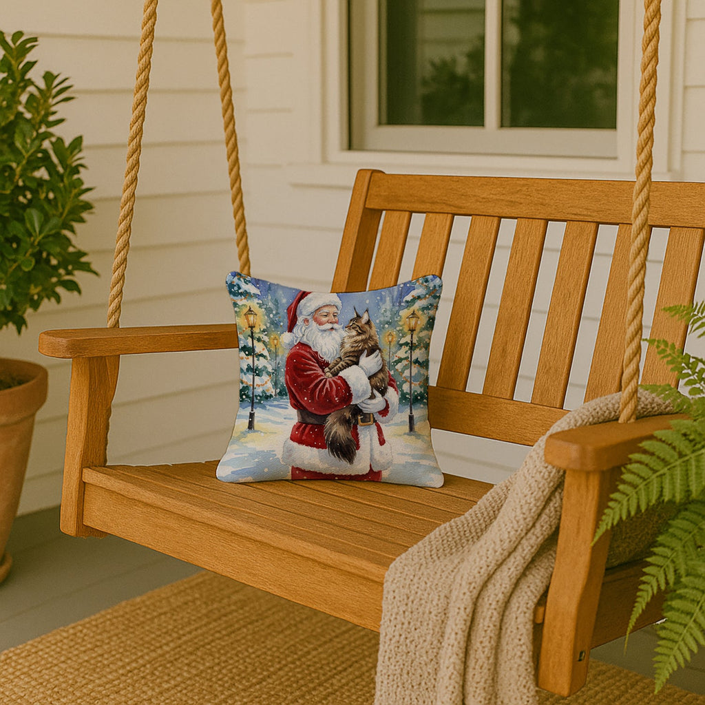 MaineCoon Brown Tabby Cat with Santa Claus Decorative Throw Pillow 14x14 Indoor Outdoor Accent Cushion, Fabric Cover with Insert for Sofa, Bed, Porch & Living Room