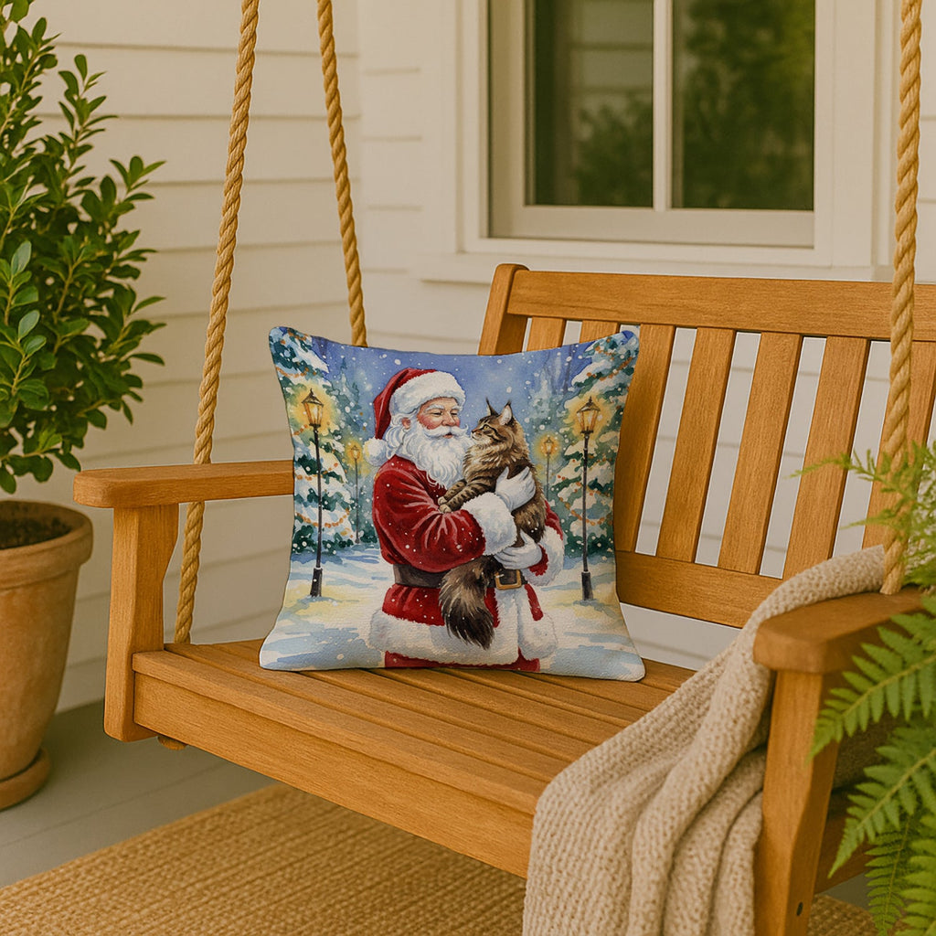 MaineCoon Brown Tabby Cat with Santa Claus Decorative Throw Pillow 18x18 Indoor Outdoor Accent Cushion, Fabric Cover with Insert for Sofa, Bed, Porch & Living Room