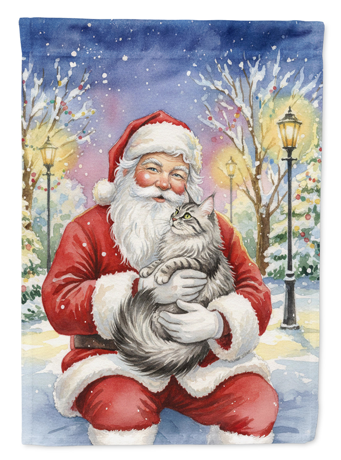 MaineCoon Silver Tabby Cat with Santa Claus House Flag 28x40 Porch Sleeve Pole Decorative Outside Yard Banner Artwork Wall Hanging, Polyester