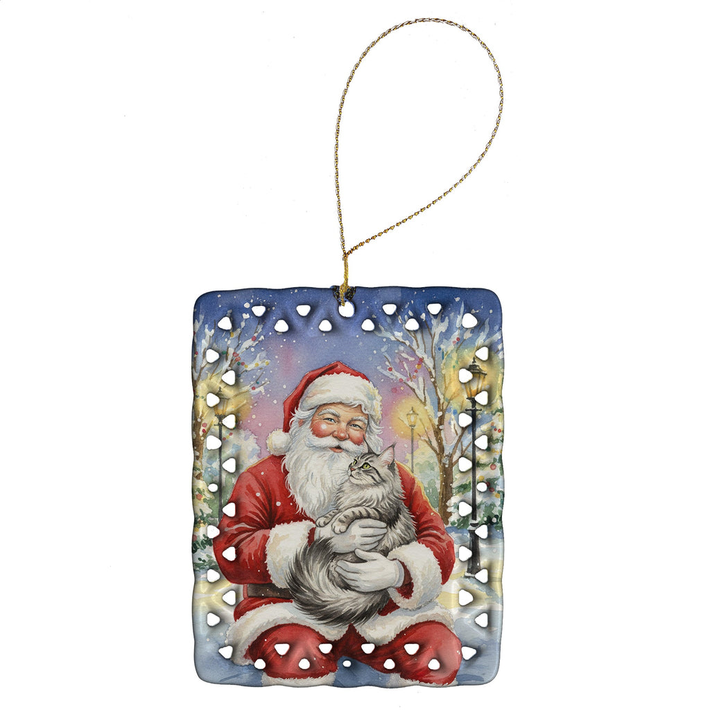 MaineCoon Silver Tabby Cat with Santa Claus Porcelain Ornament Christmas Tree Hanging Decorations for Home Christmas Holiday, Rectangle, Gift, Multicolor