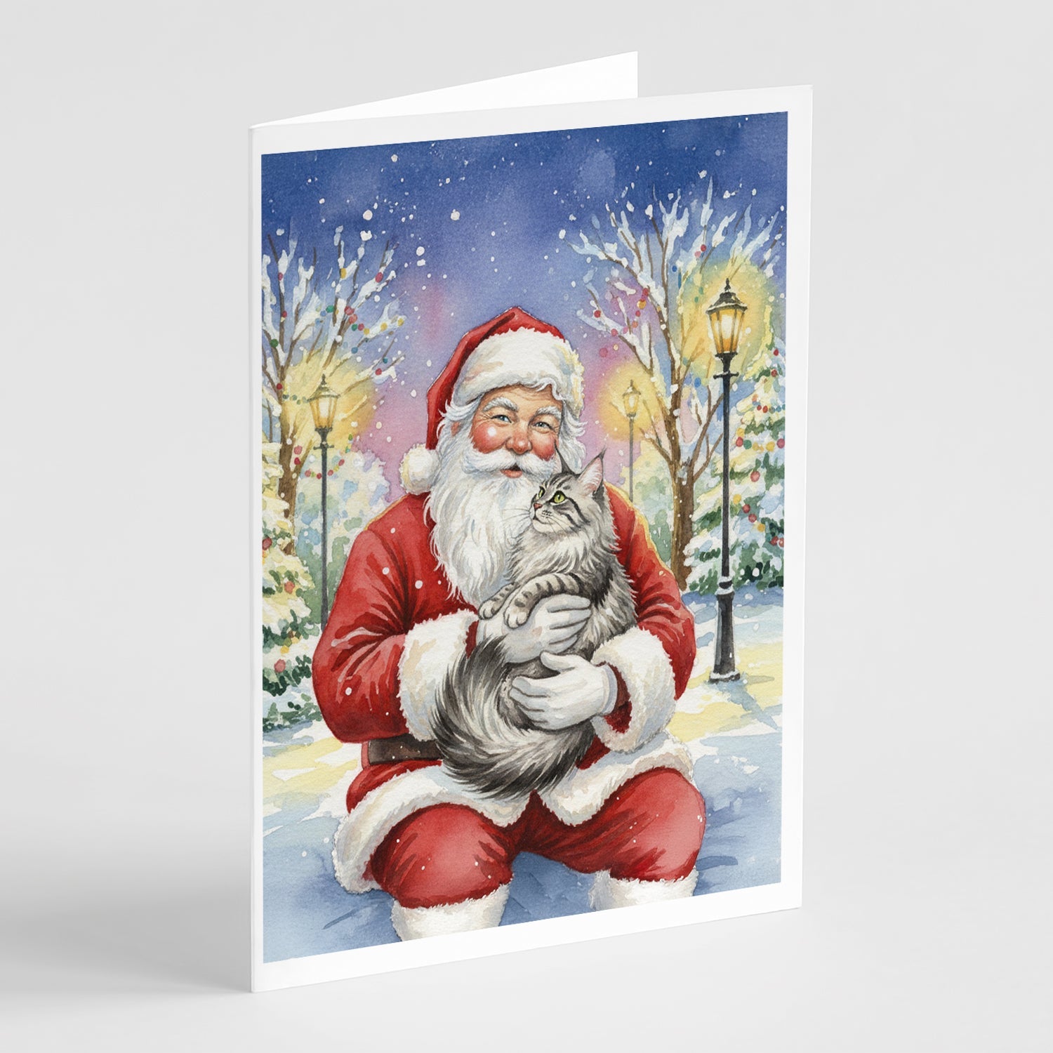 MaineCoon Silver Tabby Cat with Santa Claus Greeting Cards Pack of 8 Blank Cards with Envelopes Whimsical A7 Size 5x7
