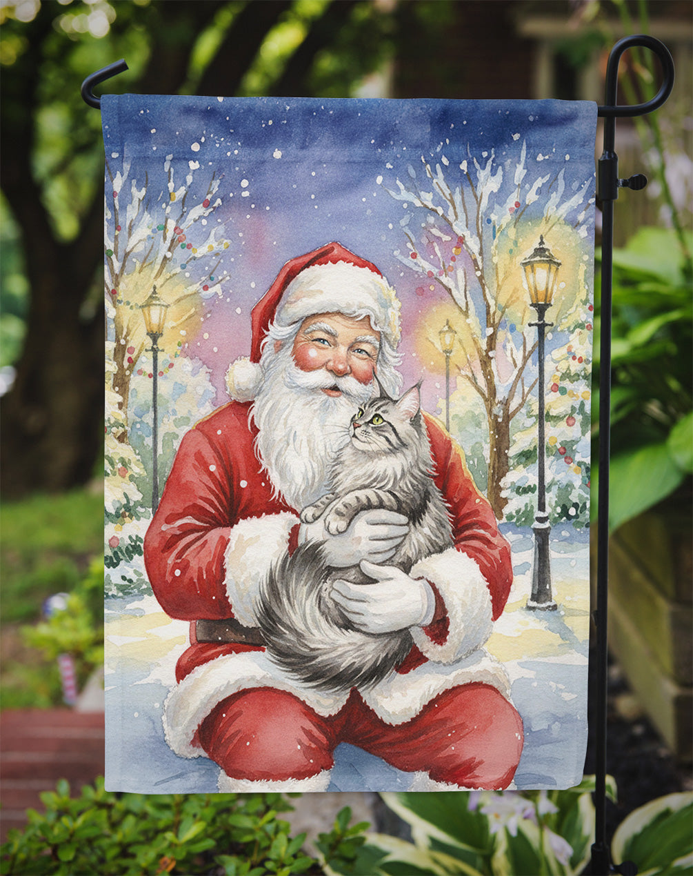 MaineCoon Silver Tabby Cat with Santa Claus Garden Flag Mailbox Decorative Yard Banner Outside Patio Artwork for Flower Beds, Garden Size, Multicolor