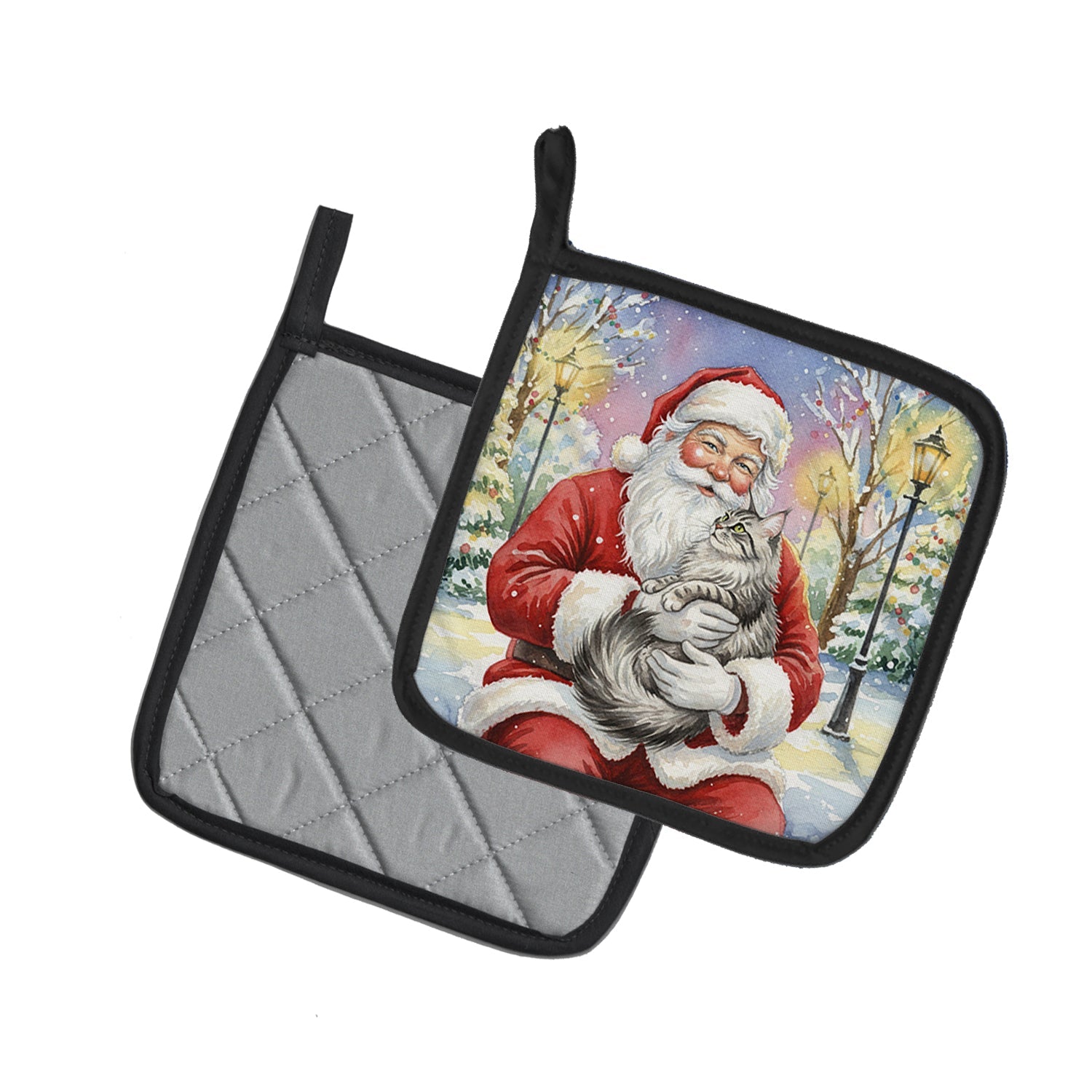 MaineCoon Silver Tabby Cat with Santa Claus Pot Holder Set of 2 Heat Resistant Quilted Hot Pads 7.5 x 7.5 Inch, Insulated Kitchen Trivets for Cooking & Baking