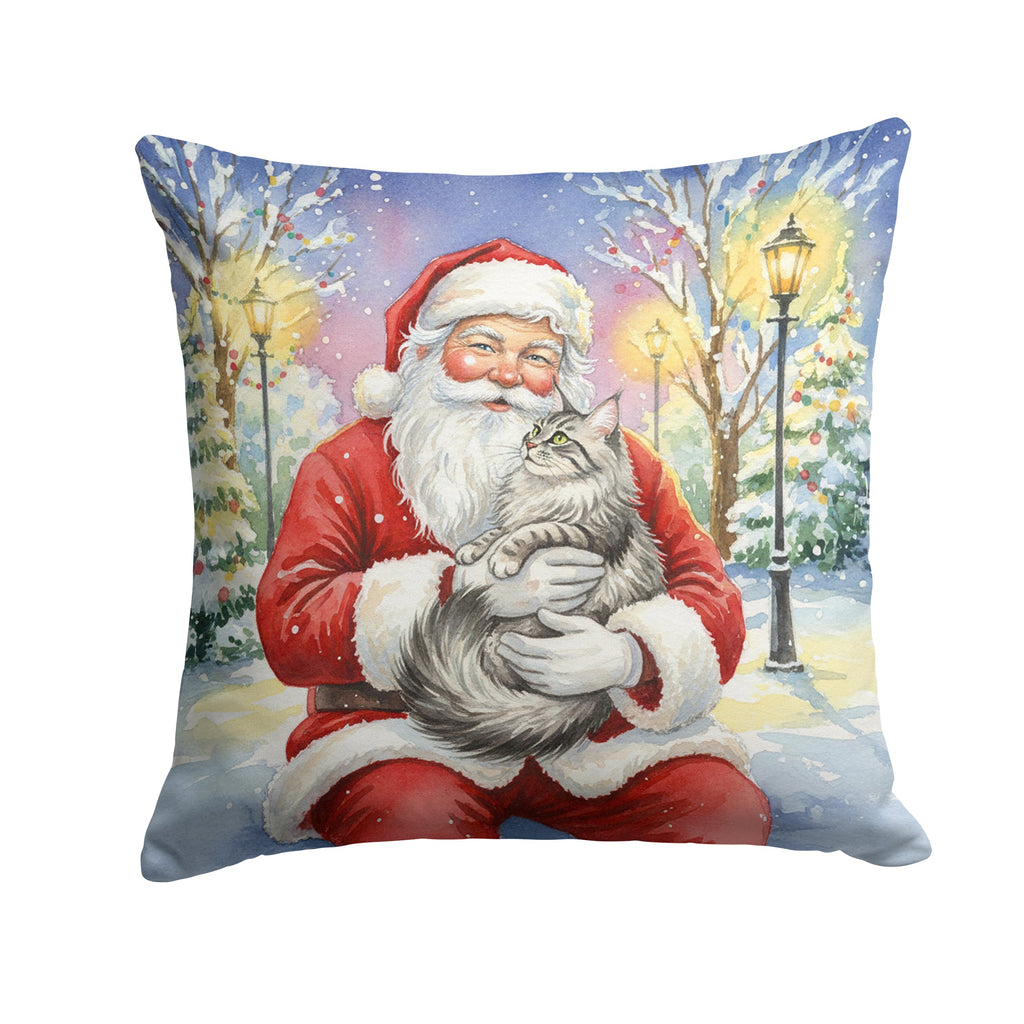 MaineCoon Silver Tabby Cat with Santa Claus Decorative Throw Pillow 18x18 Indoor Outdoor Accent Cushion, Fabric Cover with Insert for Sofa, Bed, Porch & Living Room