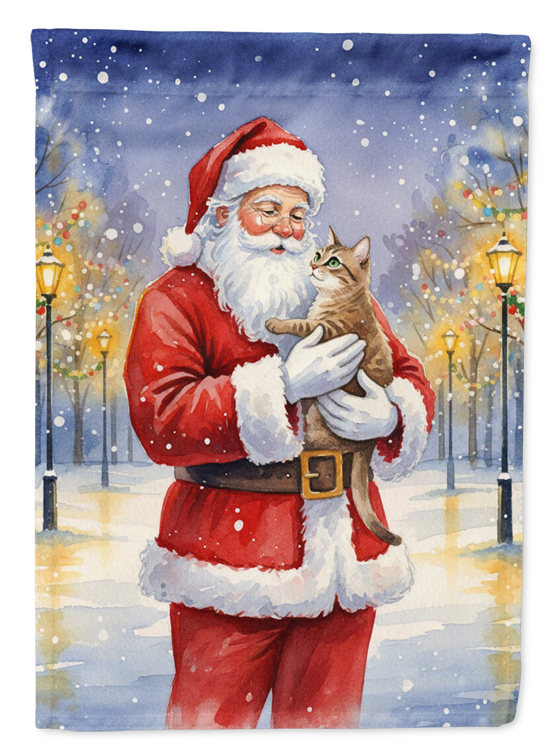 Malayan Cat with Santa Claus House Flag 28x40 Porch Sleeve Pole Decorative Outside Yard Banner Artwork Wall Hanging, Polyester
