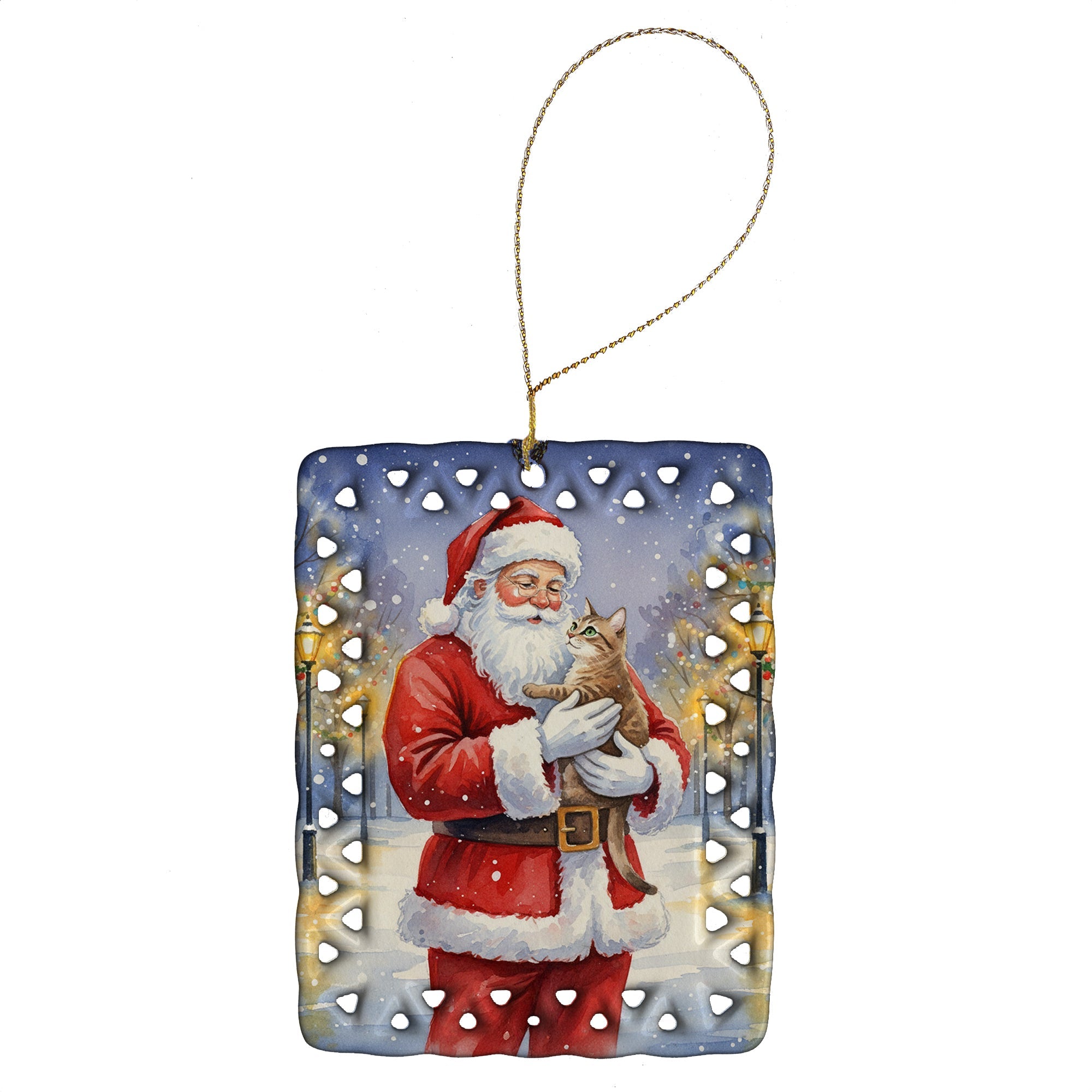 Malayan Cat with Santa Claus Porcelain Ornament Christmas Tree Hanging Decorations for Home Christmas Holiday, Rectangle, Gift, Multicolor