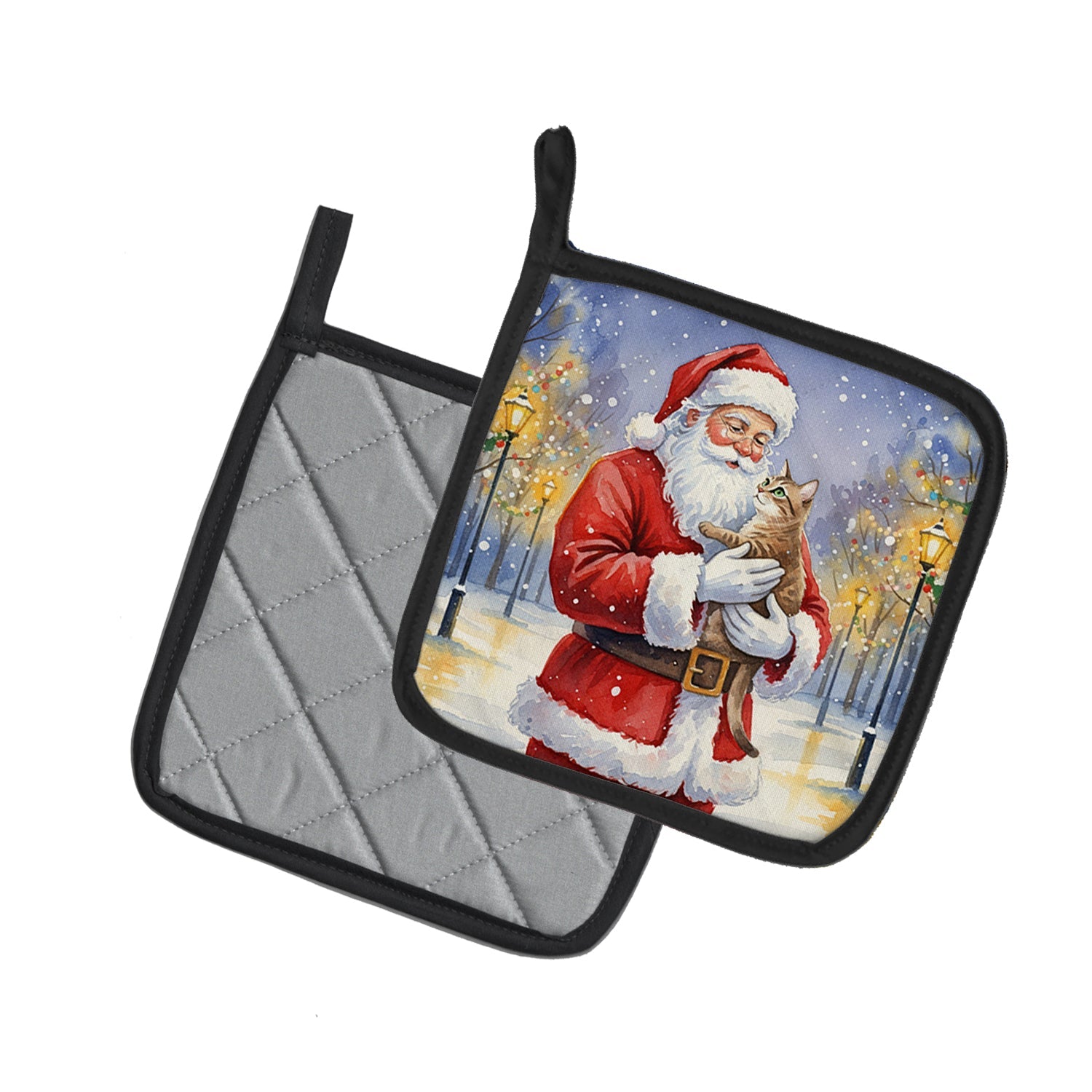 Malayan Cat with Santa Claus Pot Holder Set of 2 Heat Resistant Quilted Hot Pads 7.5 x 7.5 Inch, Insulated Kitchen Trivets for Cooking & Baking