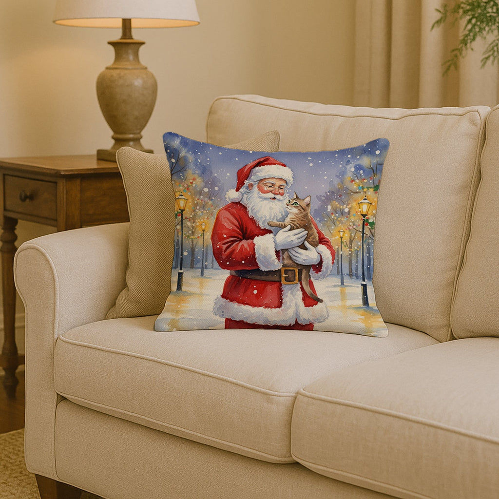 Malayan Cat with Santa Claus Decorative Throw Pillow 14x14 Indoor Outdoor Accent Cushion, Fabric Cover with Insert for Sofa, Bed, Porch & Living Room
