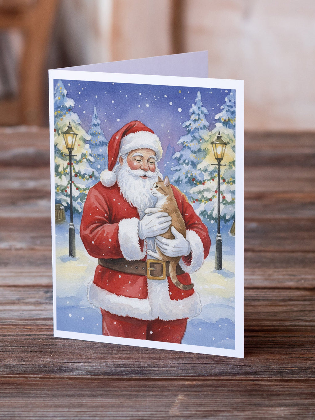 Manx Cat with Santa Claus Greeting Cards Pack of 8 Blank Cards with Envelopes Whimsical A7 Size 5x7
