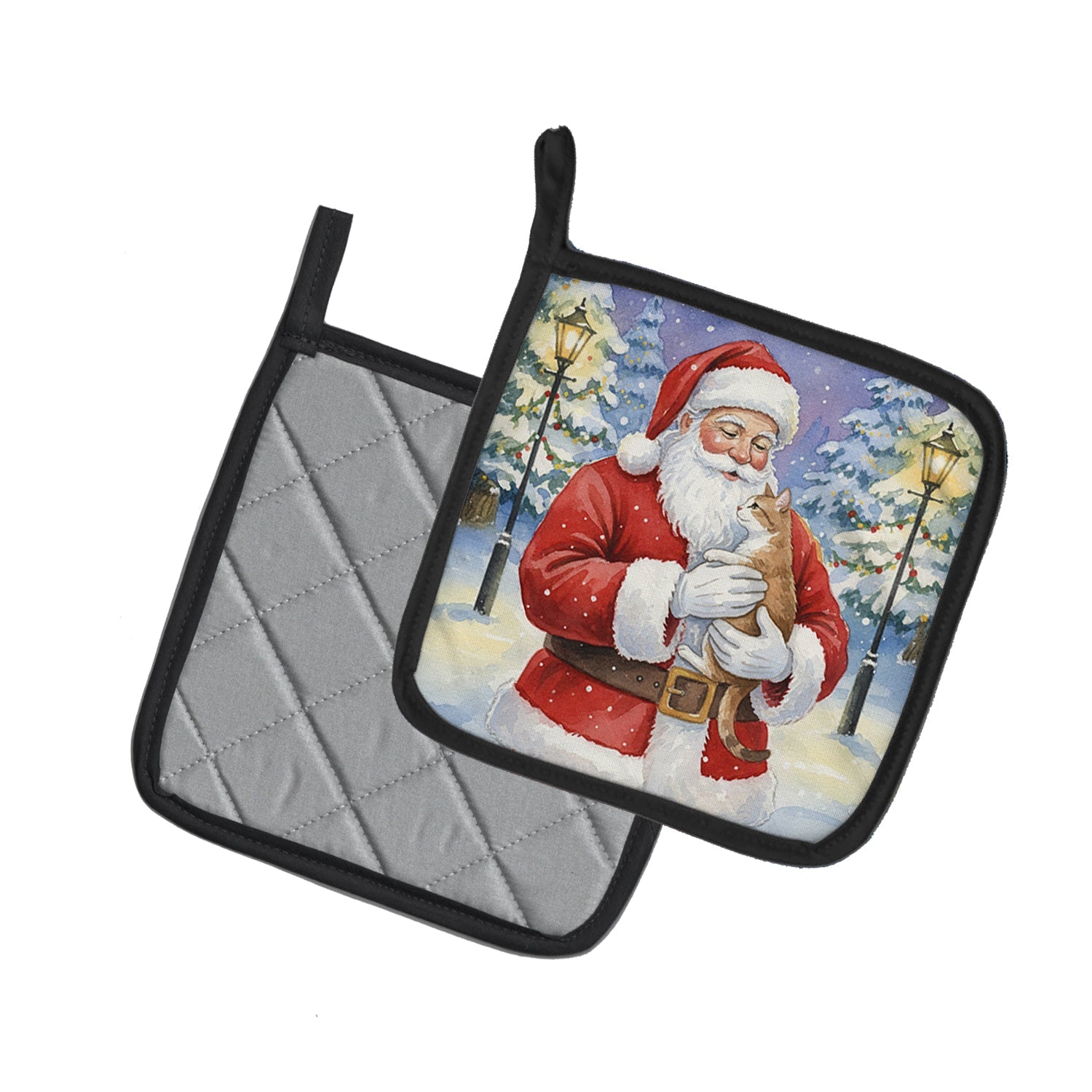 Manx Cat with Santa Claus Pot Holder Set of 2 Heat Resistant Quilted Hot Pads 7.5 x 7.5 Inch, Insulated Kitchen Trivets for Cooking & Baking