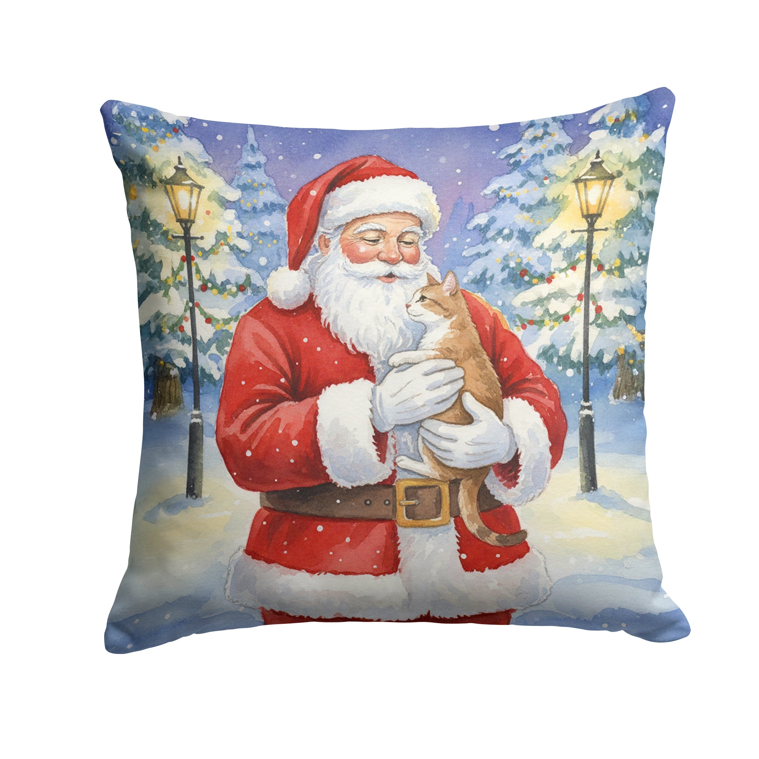 Manx Cat with Santa Claus Decorative Throw Pillow 18x18 Indoor Outdoor Accent Cushion, Fabric Cover with Insert for Sofa, Bed, Porch & Living Room