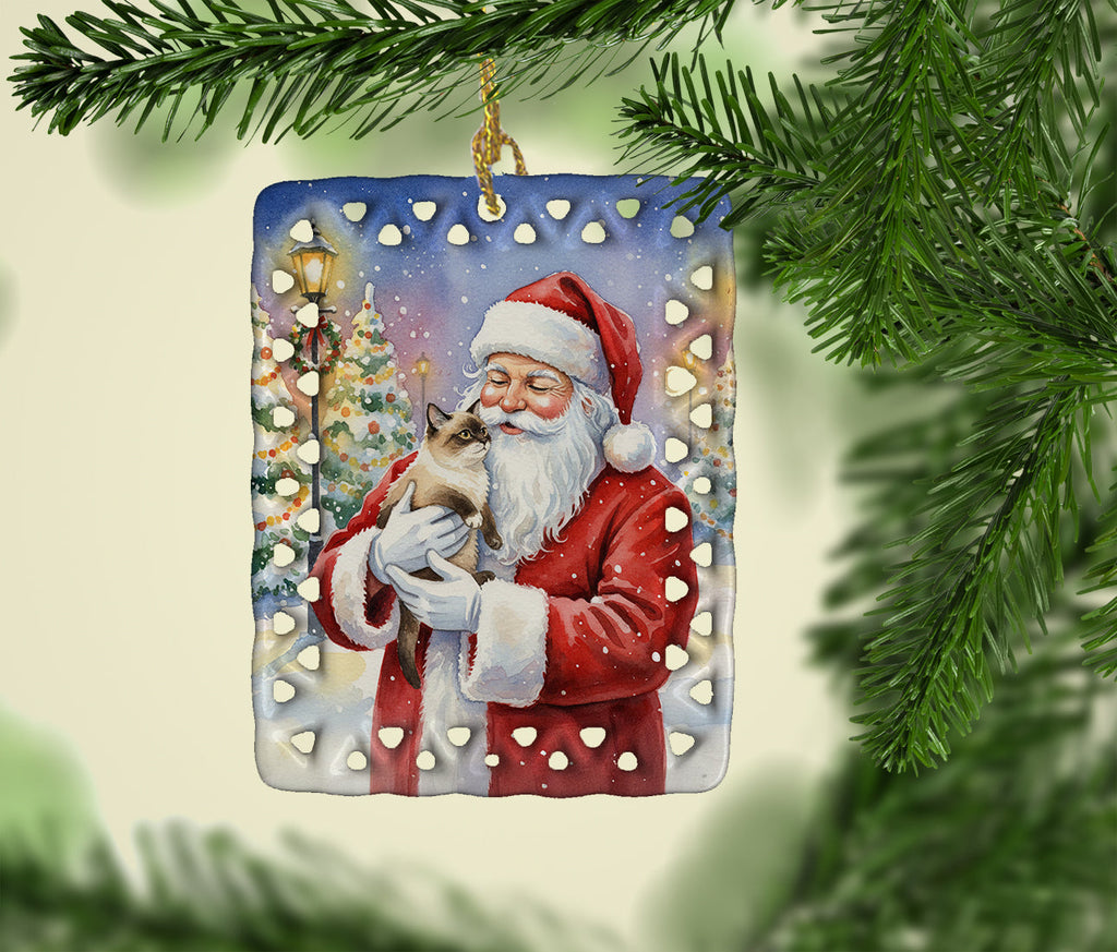 Mekong Bobtail Cat with Santa Claus Porcelain Ornament Christmas Tree Hanging Decorations for Home Christmas Holiday, Rectangle, Gift, Multicolor