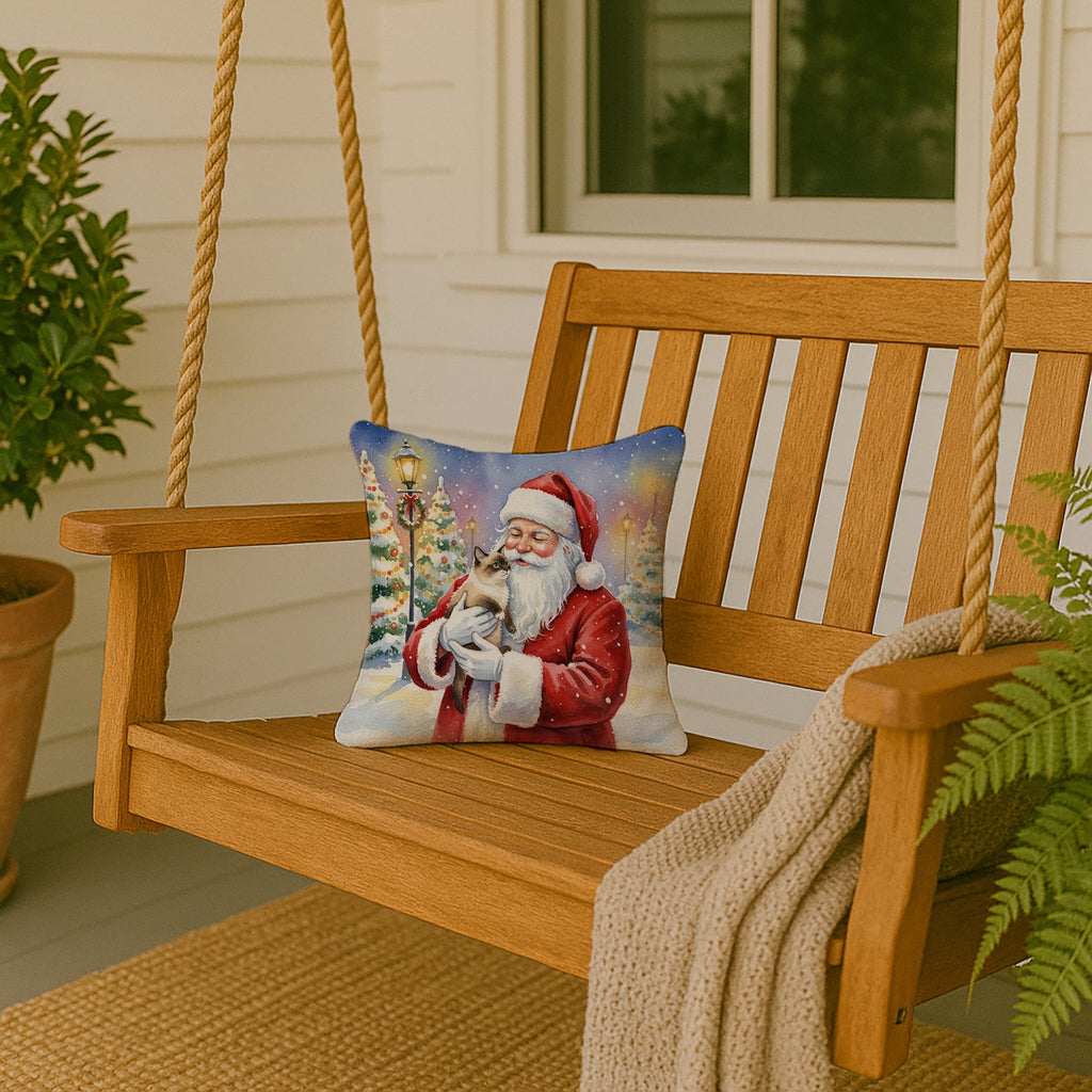 Mekong Bobtail Cat with Santa Claus Decorative Throw Pillow 14x14 Indoor Outdoor Accent Cushion, Fabric Cover with Insert for Sofa, Bed, Porch & Living Room