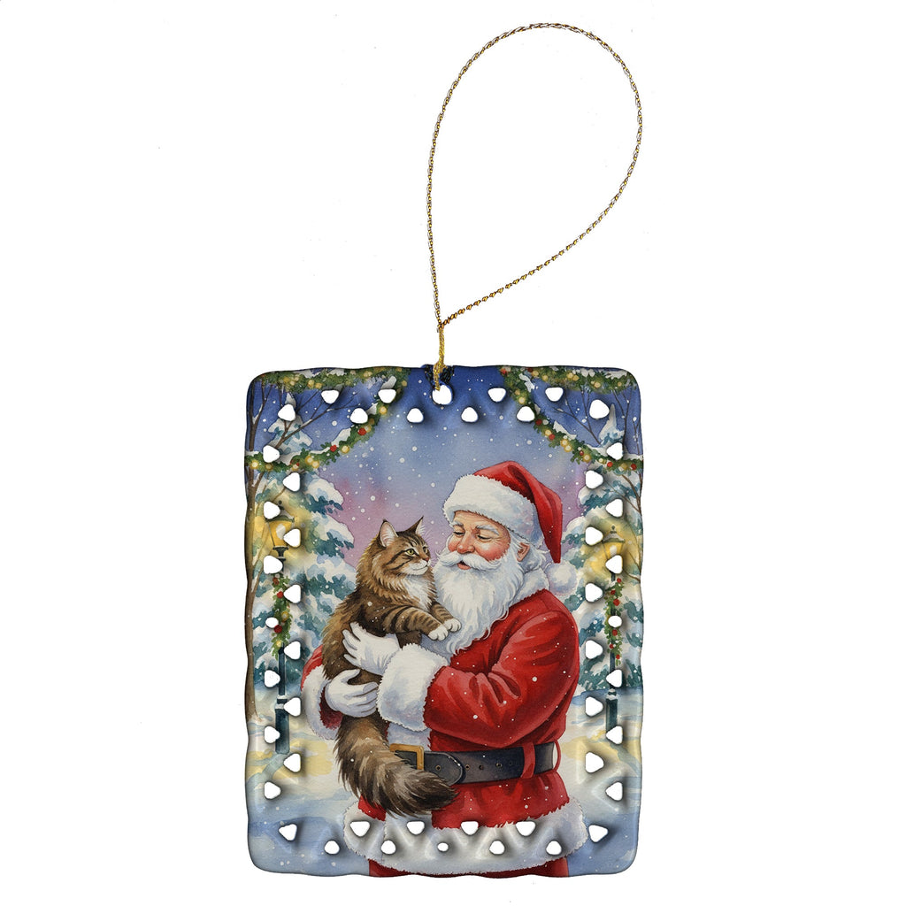 Norwegian Forest Cat Brown Tabby with Santa Claus Porcelain Ornament Christmas Tree Hanging Decorations for Home Christmas Holiday, Rectangle, Gift, Multicolor