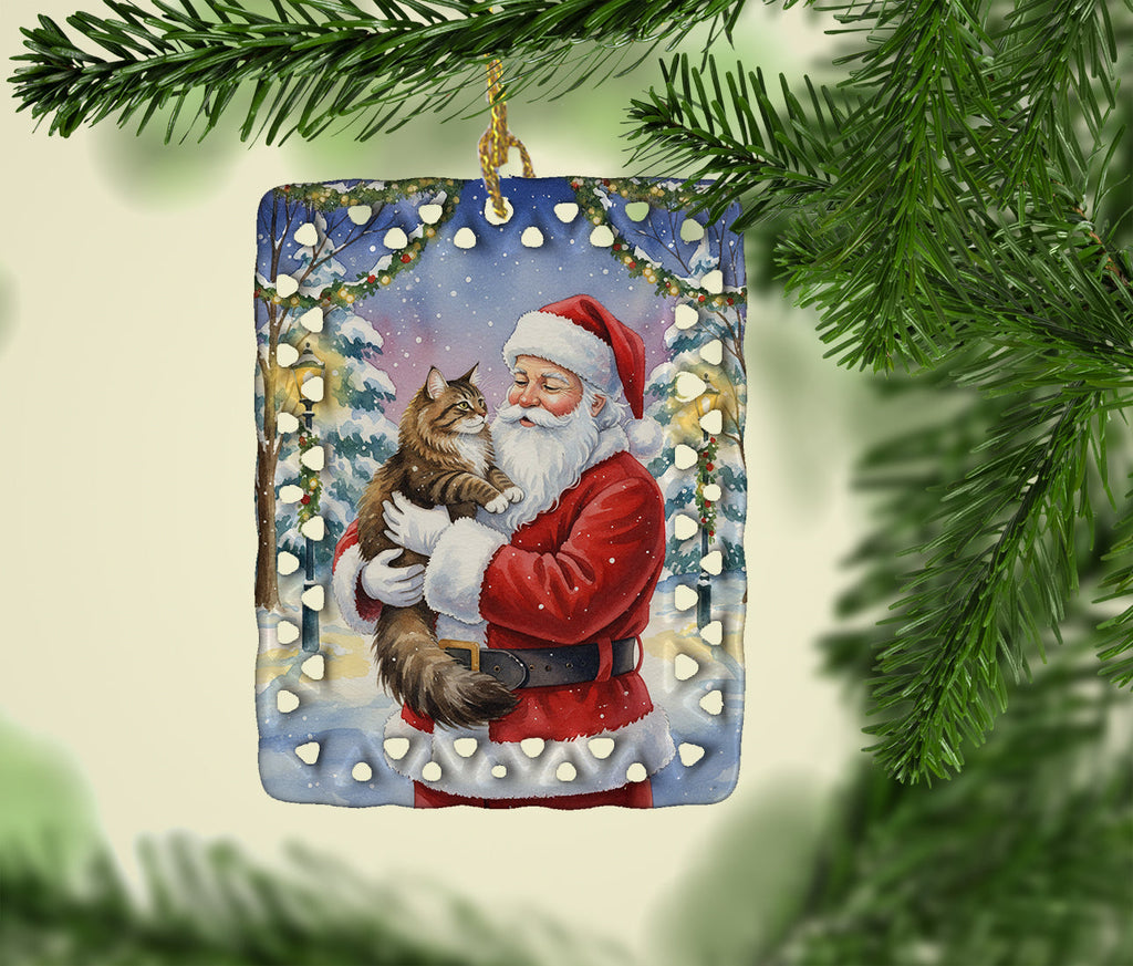 Norwegian Forest Cat Brown Tabby with Santa Claus Porcelain Ornament Christmas Tree Hanging Decorations for Home Christmas Holiday, Rectangle, Gift, Multicolor