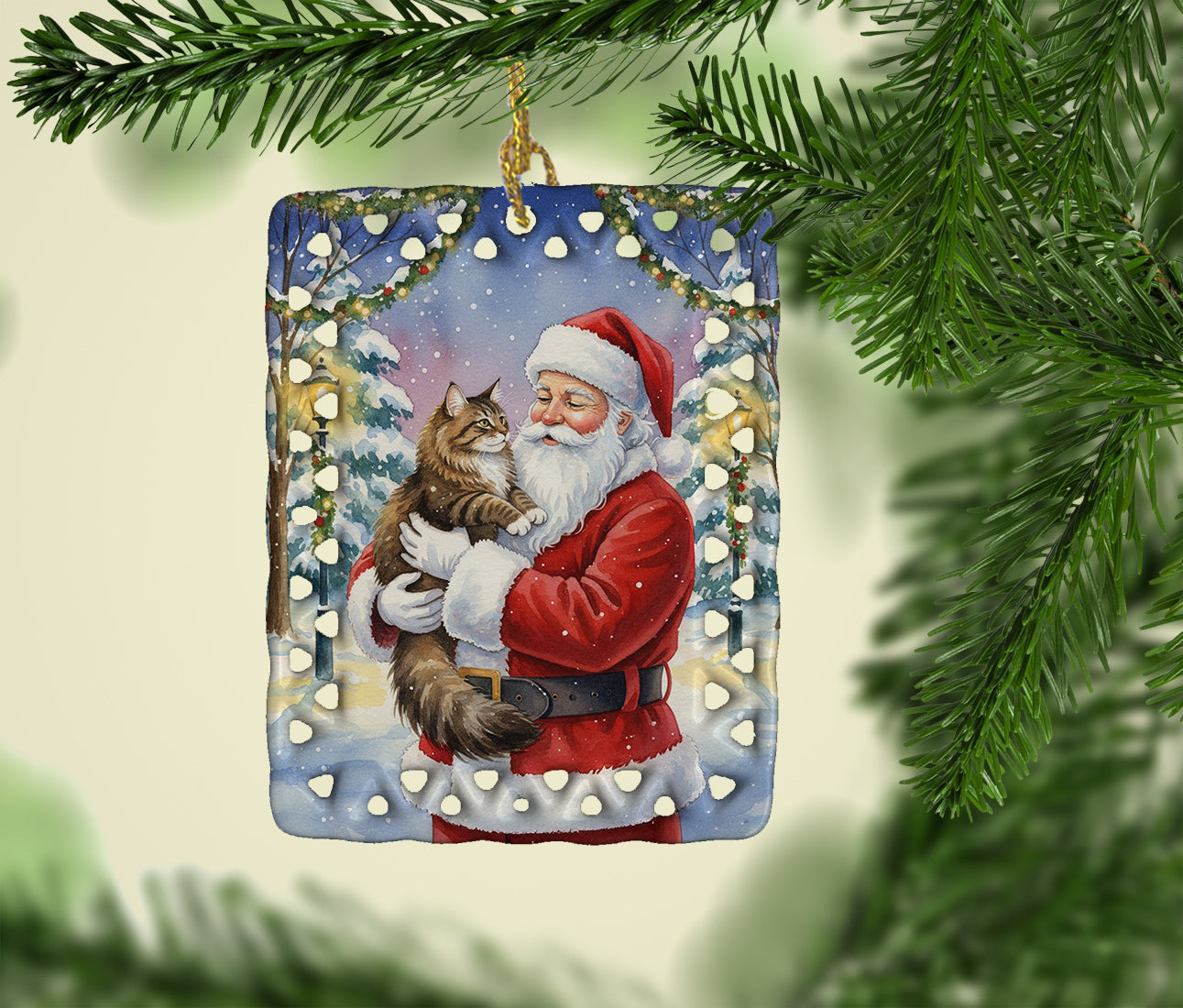 Norwegian Forest Cat Brown Tabby with Santa Claus Porcelain Ornament Christmas Tree Hanging Decorations for Home Christmas Holiday, Rectangle, Gift, Multicolor