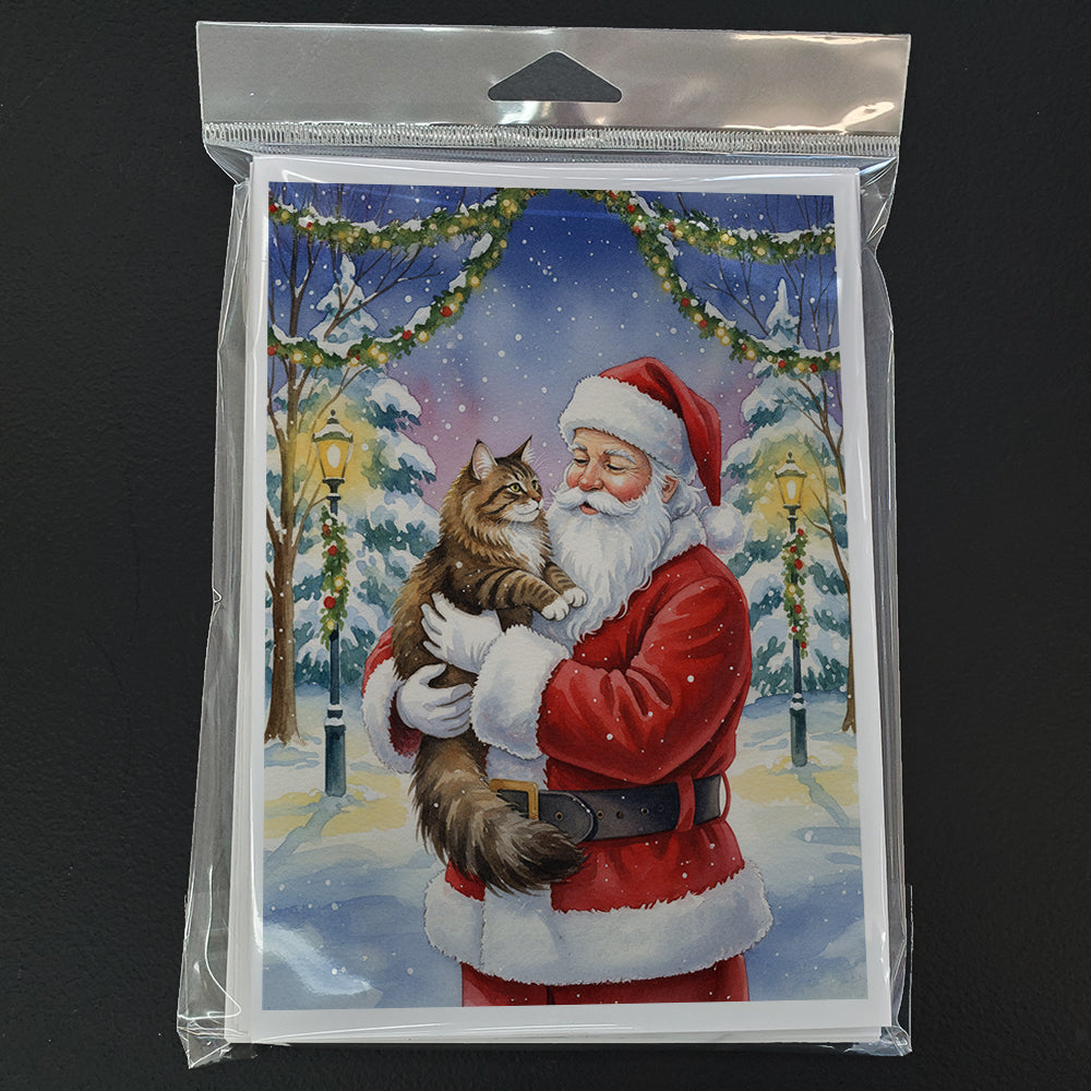 Norwegian Forest Cat Brown Tabby with Santa Claus Greeting Cards Pack of 8 Blank Cards with Envelopes Whimsical A7 Size 5x7