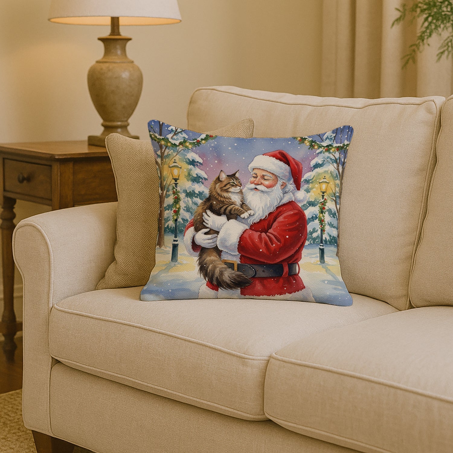 Norwegian Forest Cat Brown Tabby with Santa Claus Decorative Throw Pillow 14x14 Indoor Outdoor Accent Cushion, Fabric Cover with Insert for Sofa, Bed, Porch & Living Room