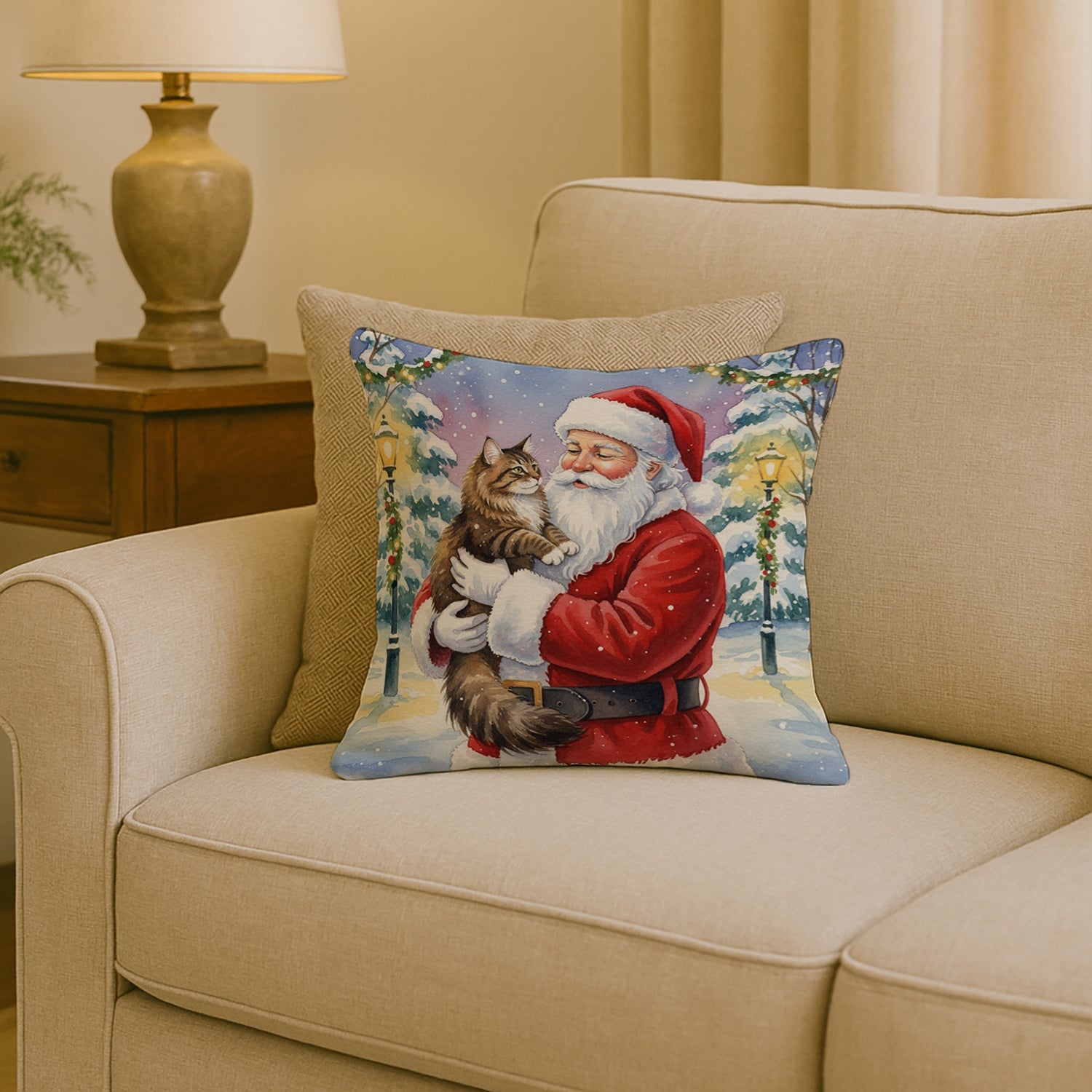 Norwegian Forest Cat Brown Tabby with Santa Claus Decorative Throw Pillow 18x18 Indoor Outdoor Accent Cushion, Fabric Cover with Insert for Sofa, Bed, Porch & Living Room
