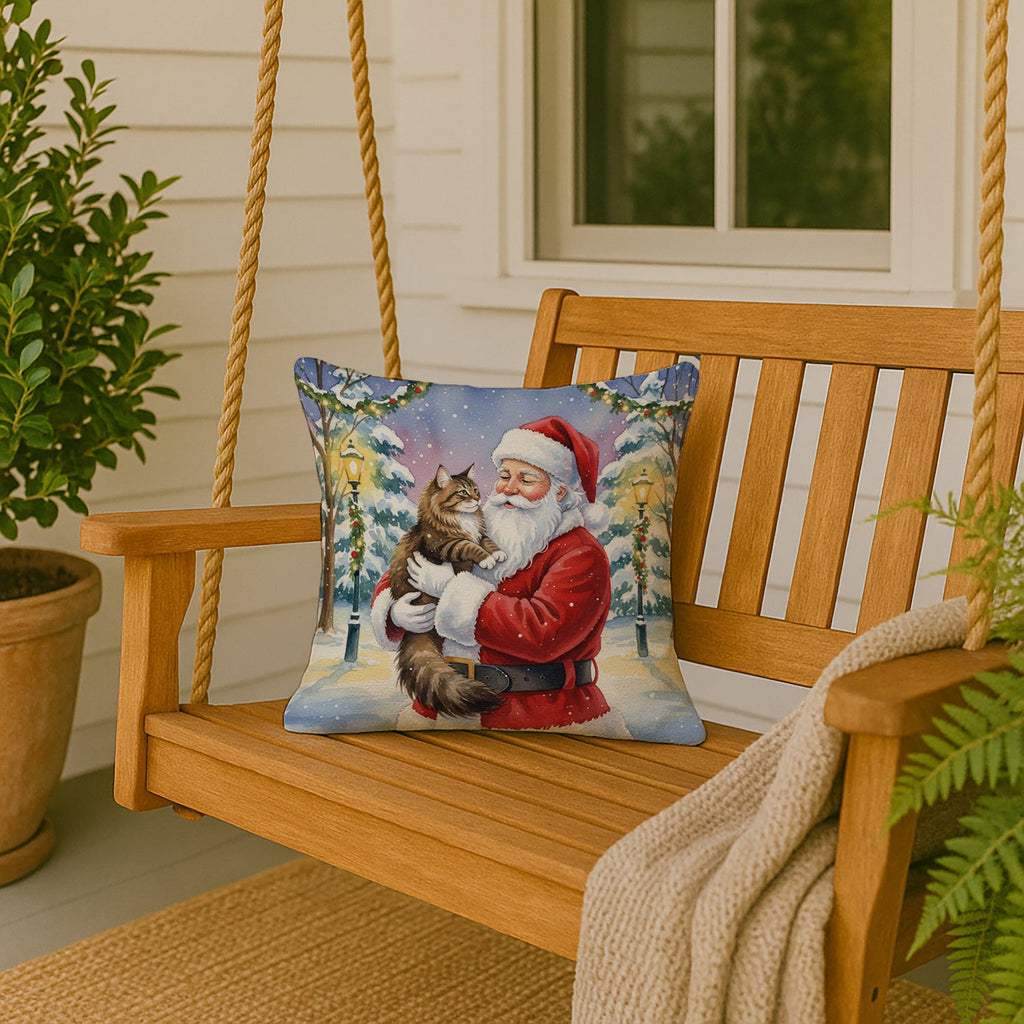 Norwegian Forest Cat Brown Tabby with Santa Claus Decorative Throw Pillow 18x18 Indoor Outdoor Accent Cushion, Fabric Cover with Insert for Sofa, Bed, Porch & Living Room