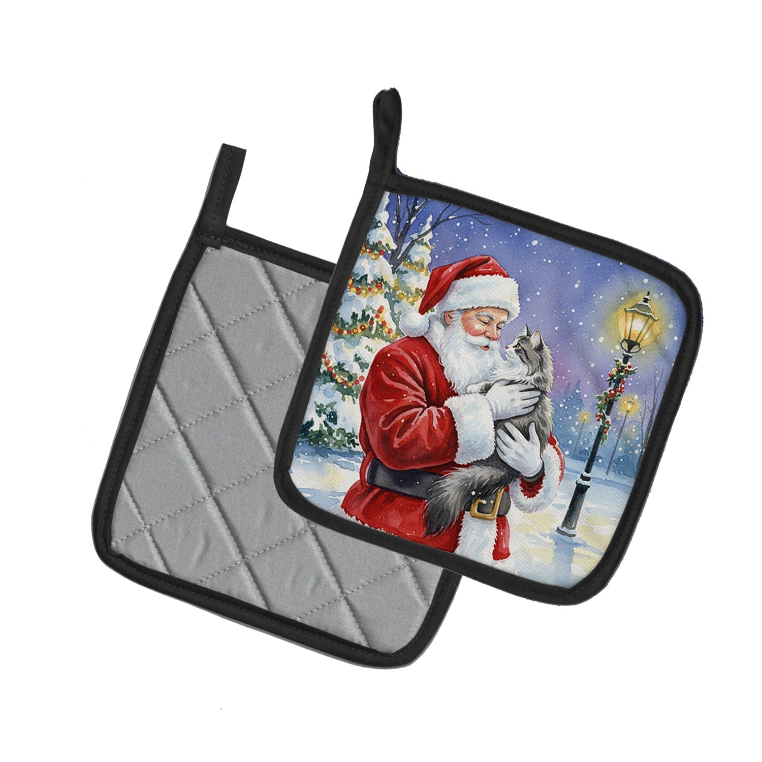 Norwegian Forest Cat Gray and White with Santa Claus Pot Holder Set of 2 Heat Resistant Quilted Hot Pads 7.5 x 7.5 Inch, Insulated Kitchen Trivets for Cooking & Baking
