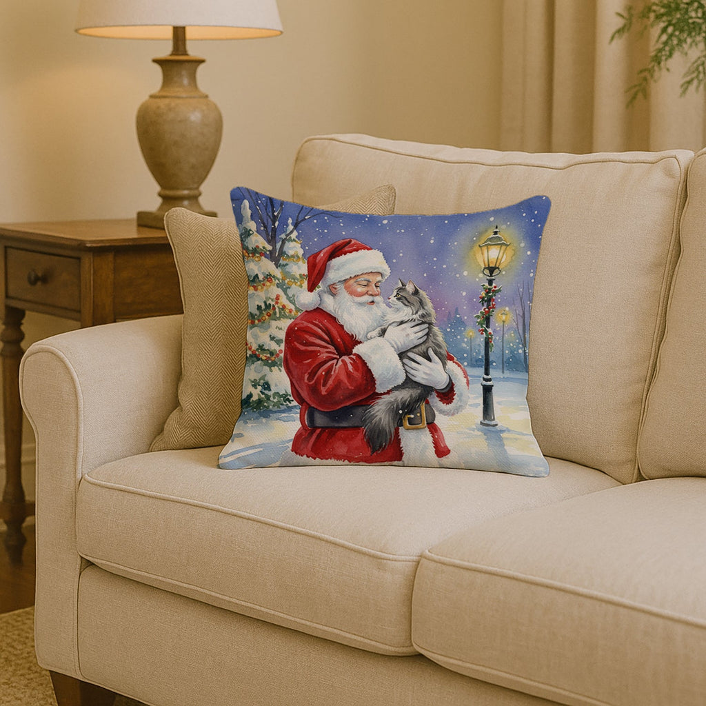 Norwegian Forest Cat Gray and White with Santa Claus Decorative Throw Pillow 14x14 Indoor Outdoor Accent Cushion, Fabric Cover with Insert for Sofa, Bed, Porch & Living Room