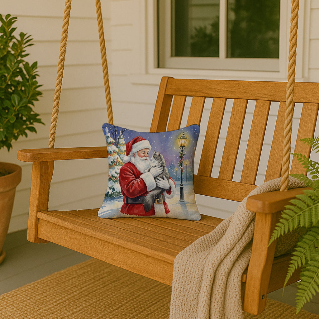 Norwegian Forest Cat Gray and White with Santa Claus Decorative Throw Pillow 14x14 Indoor Outdoor Accent Cushion, Fabric Cover with Insert for Sofa, Bed, Porch & Living Room