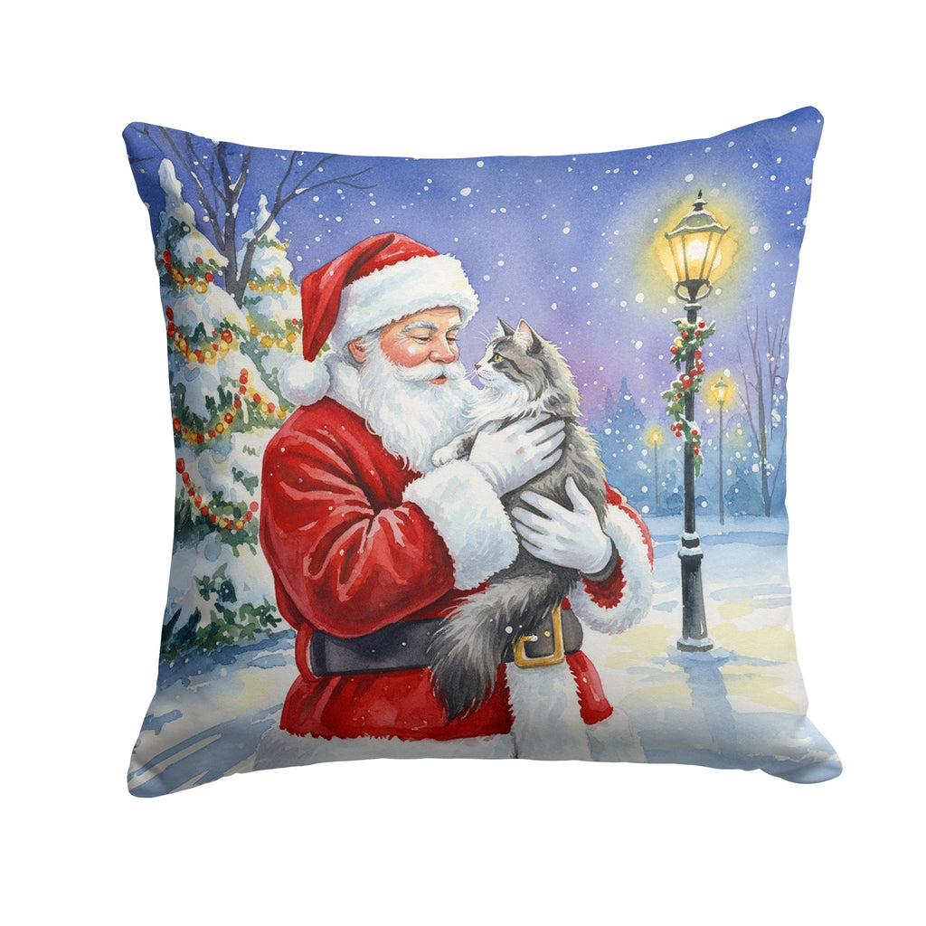 Norwegian Forest Cat Gray and White with Santa Claus Decorative Throw Pillow 18x18 Indoor Outdoor Accent Cushion, Fabric Cover with Insert for Sofa, Bed, Porch & Living Room