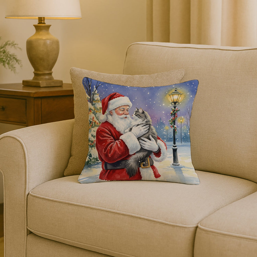 Norwegian Forest Cat Gray and White with Santa Claus Decorative Throw Pillow 18x18 Indoor Outdoor Accent Cushion, Fabric Cover with Insert for Sofa, Bed, Porch & Living Room