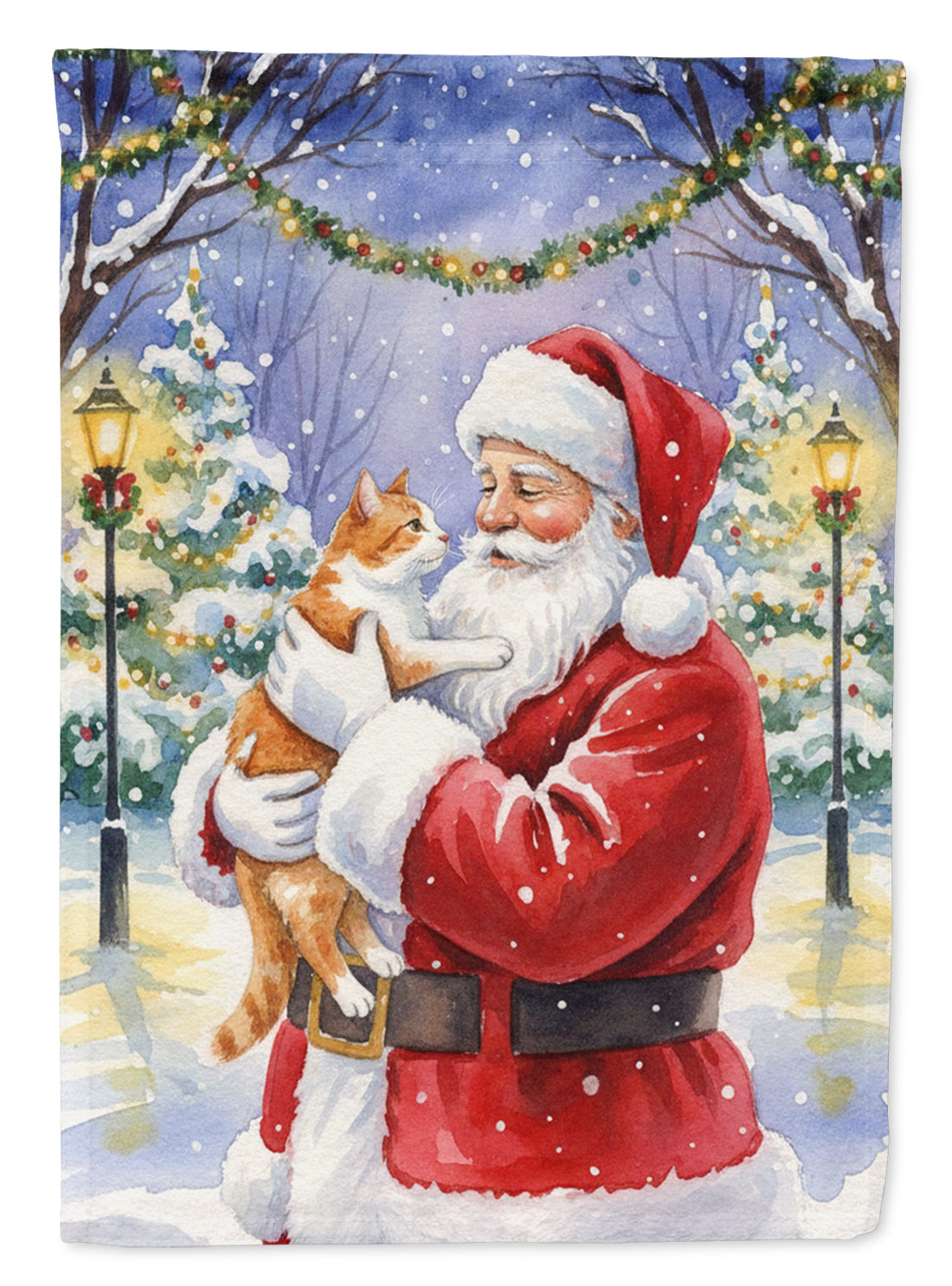 Orange and White Cat with Santa Claus House Flag 28x40 Porch Sleeve Pole Decorative Outside Yard Banner Artwork Wall Hanging, Polyester