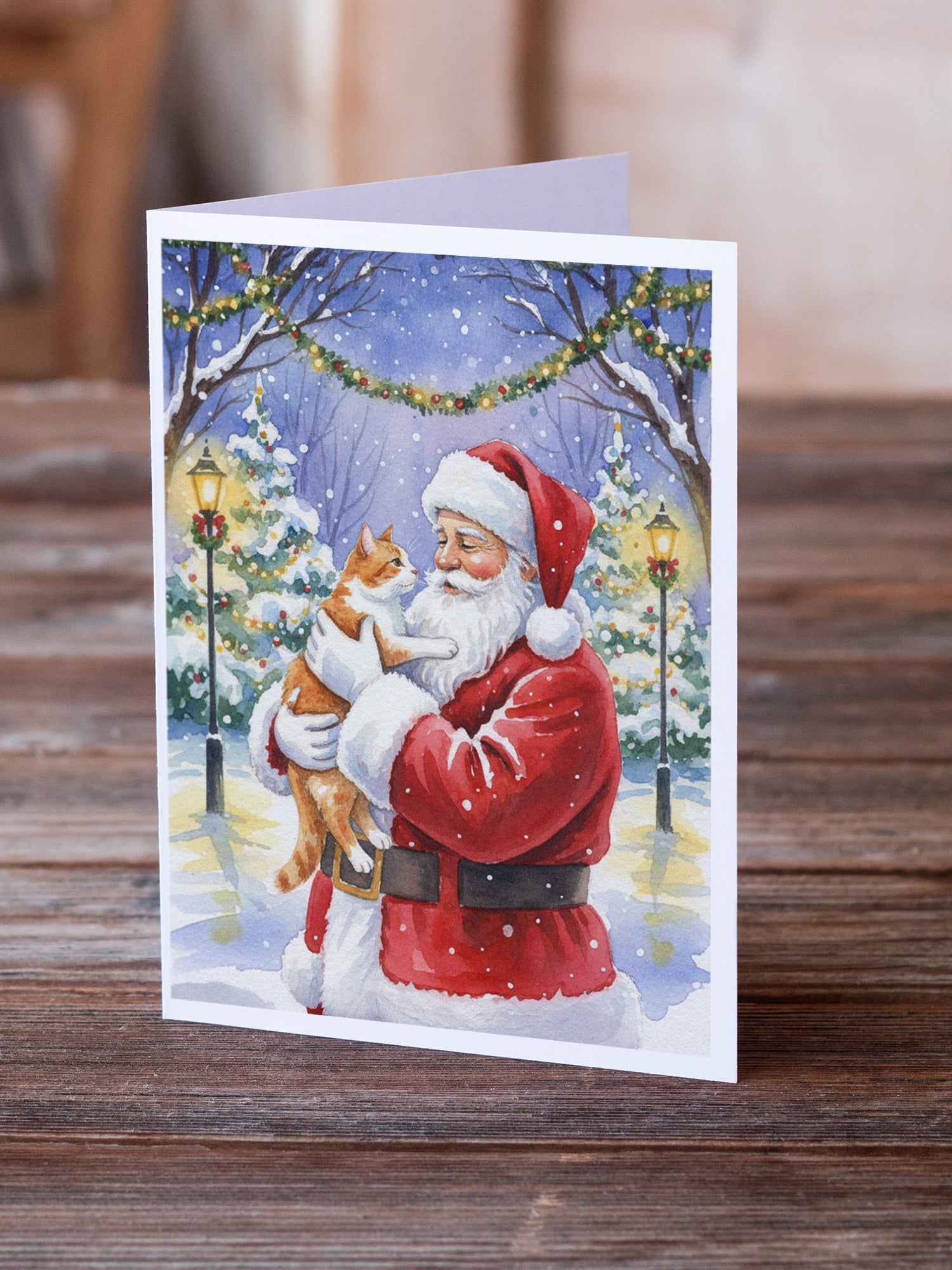 Orange and White Cat with Santa Claus Greeting Cards Pack of 8 Blank Cards with Envelopes Whimsical A7 Size 5x7