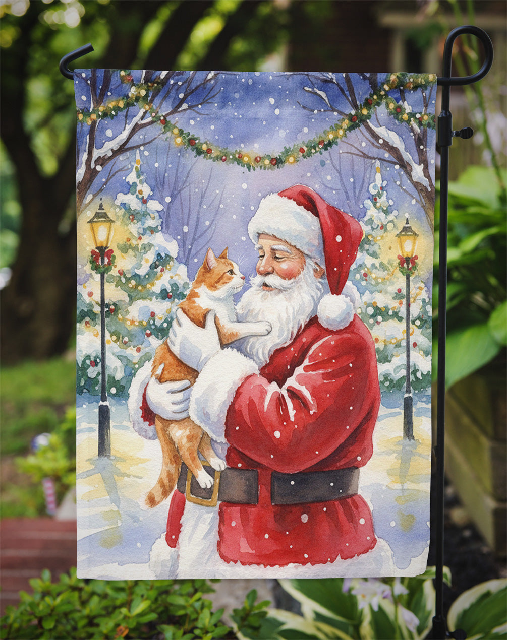 Orange and White Cat with Santa Claus Garden Flag Mailbox Decorative Yard Banner Outside Patio Artwork for Flower Beds, Garden Size, Multicolor