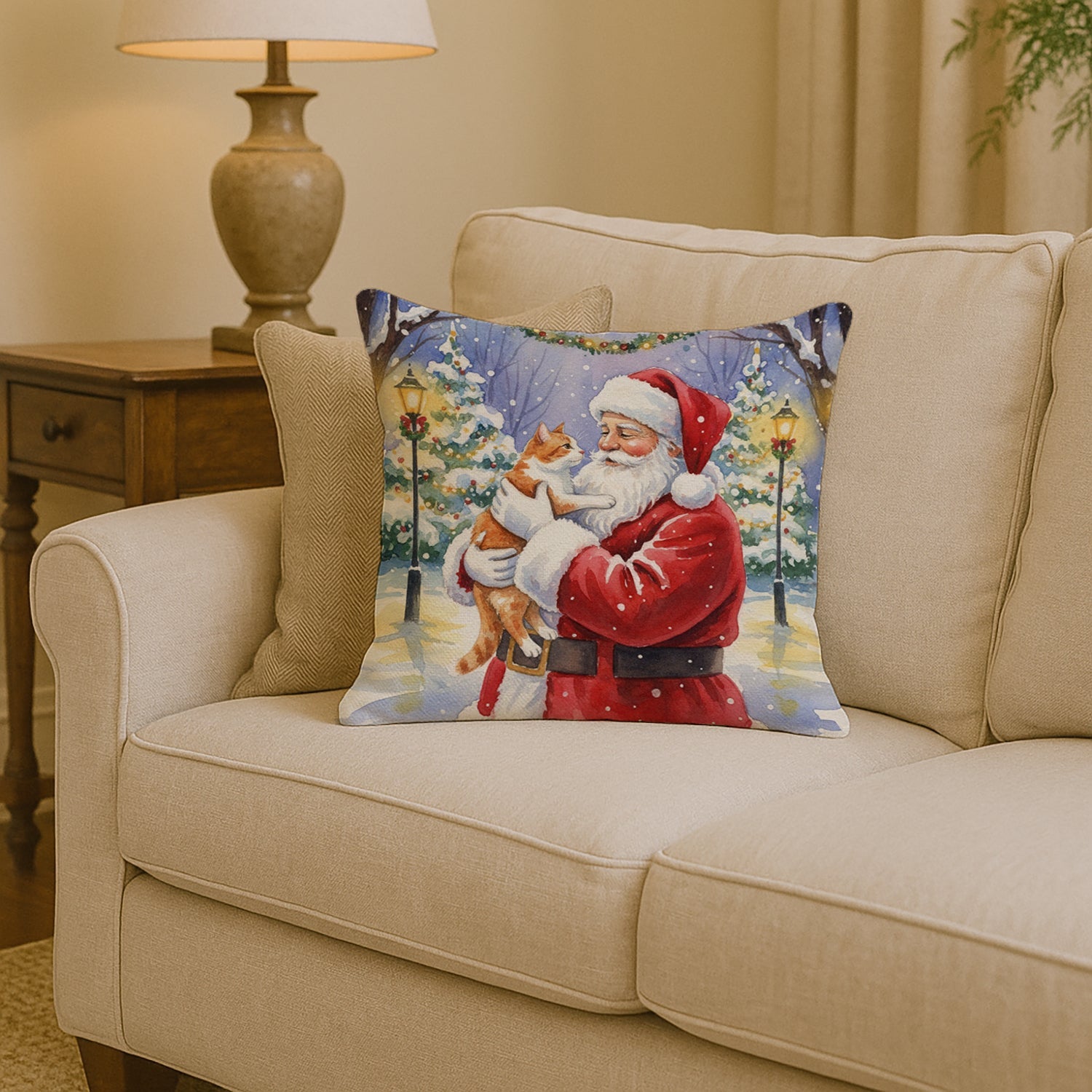 Orange and White Cat with Santa Claus Decorative Throw Pillow 14x14 Indoor Outdoor Accent Cushion, Fabric Cover with Insert for Sofa, Bed, Porch & Living Room