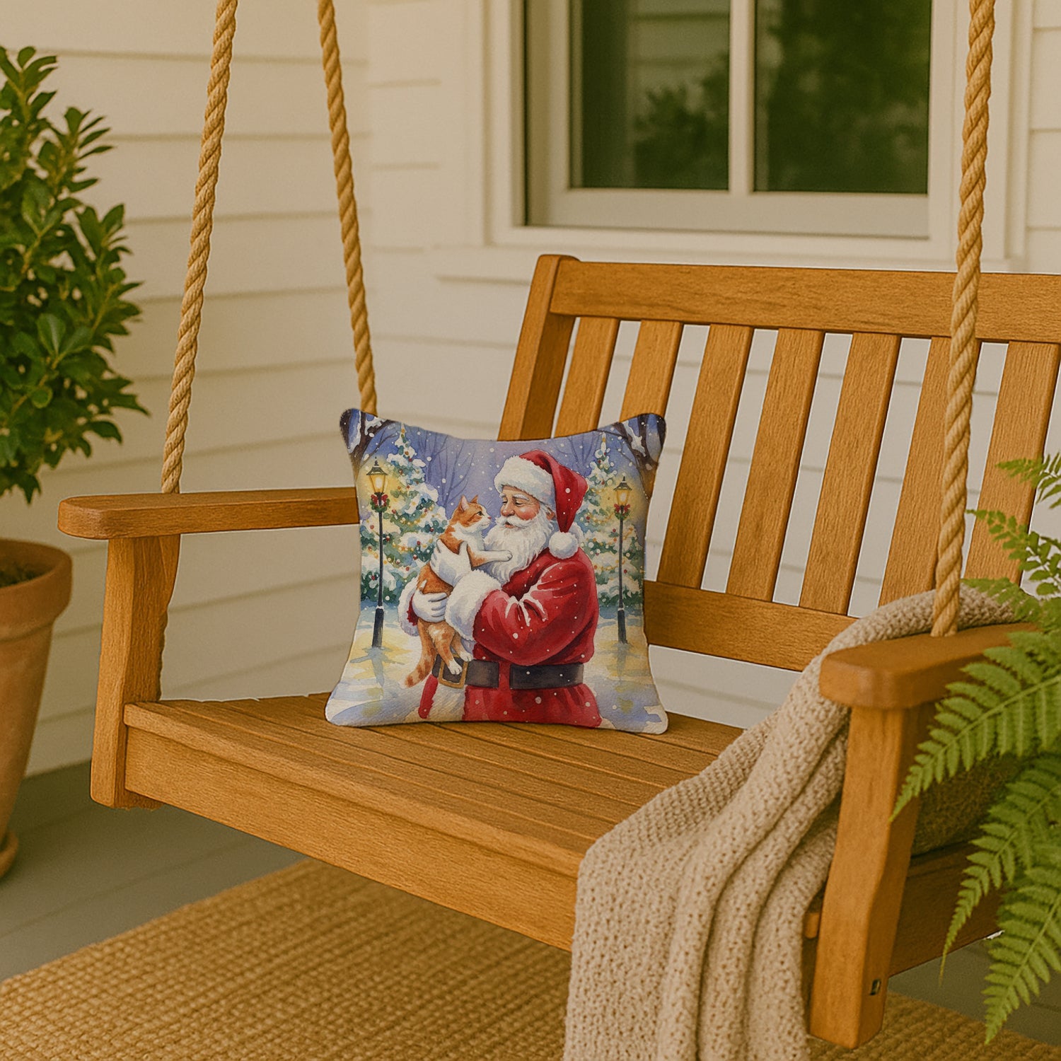 Orange and White Cat with Santa Claus Decorative Throw Pillow 14x14 Indoor Outdoor Accent Cushion, Fabric Cover with Insert for Sofa, Bed, Porch & Living Room