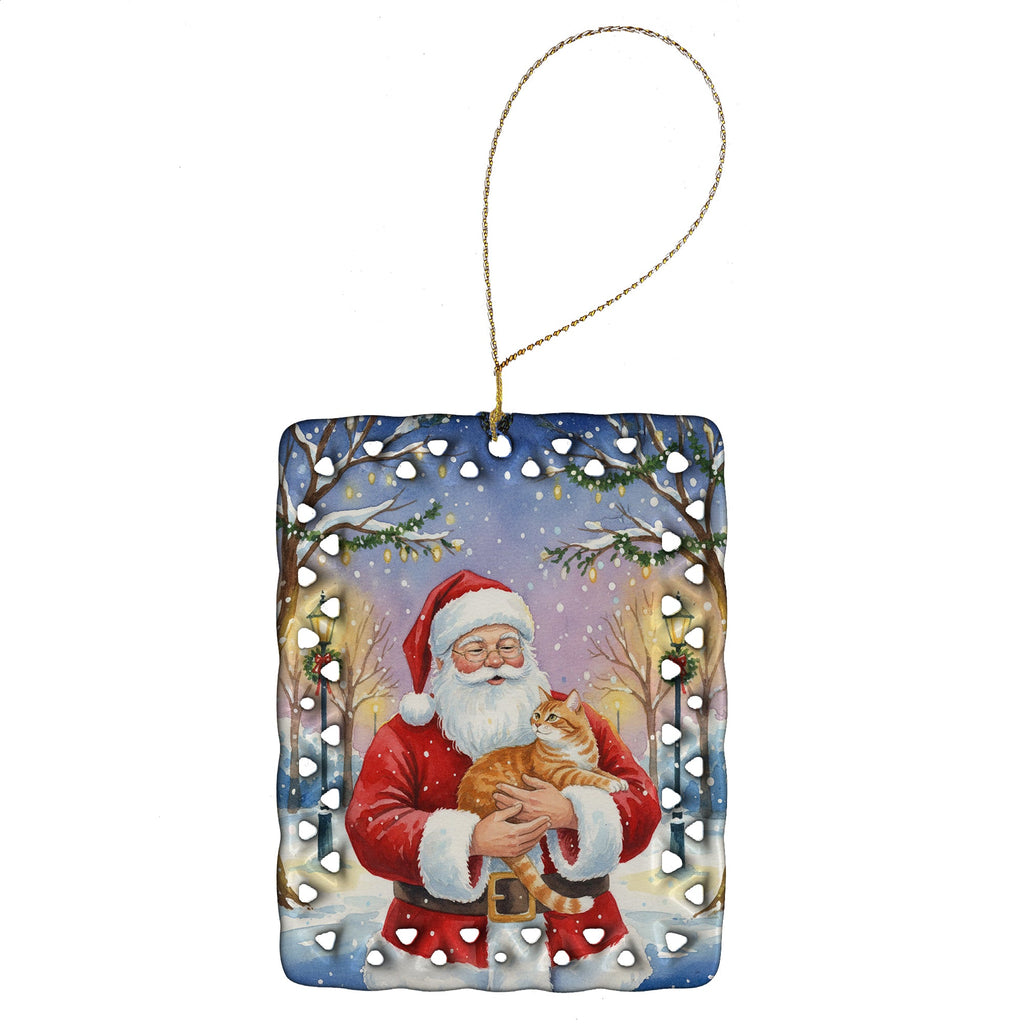 Orange Classic Tabby Cat with Santa Claus Porcelain Ornament Christmas Tree Hanging Decorations for Home Christmas Holiday, Rectangle, Gift, Multicolor