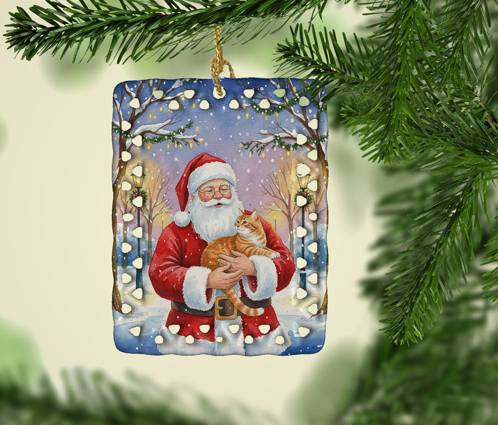 Orange Classic Tabby Cat with Santa Claus Porcelain Ornament Christmas Tree Hanging Decorations for Home Christmas Holiday, Rectangle, Gift, Multicolor