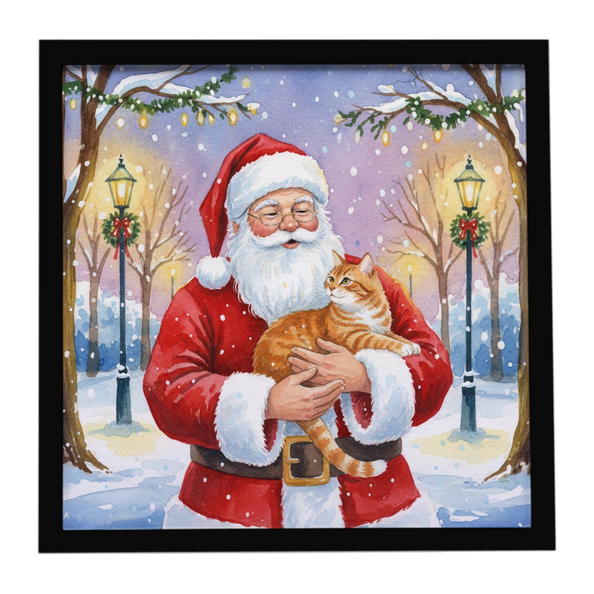 Orange Classic Tabby Cat with Santa Claus Framed Metal Print Bathroom, Kitchen, Office, Home Decor Wall Art Ready to Hang, Square, 8X8