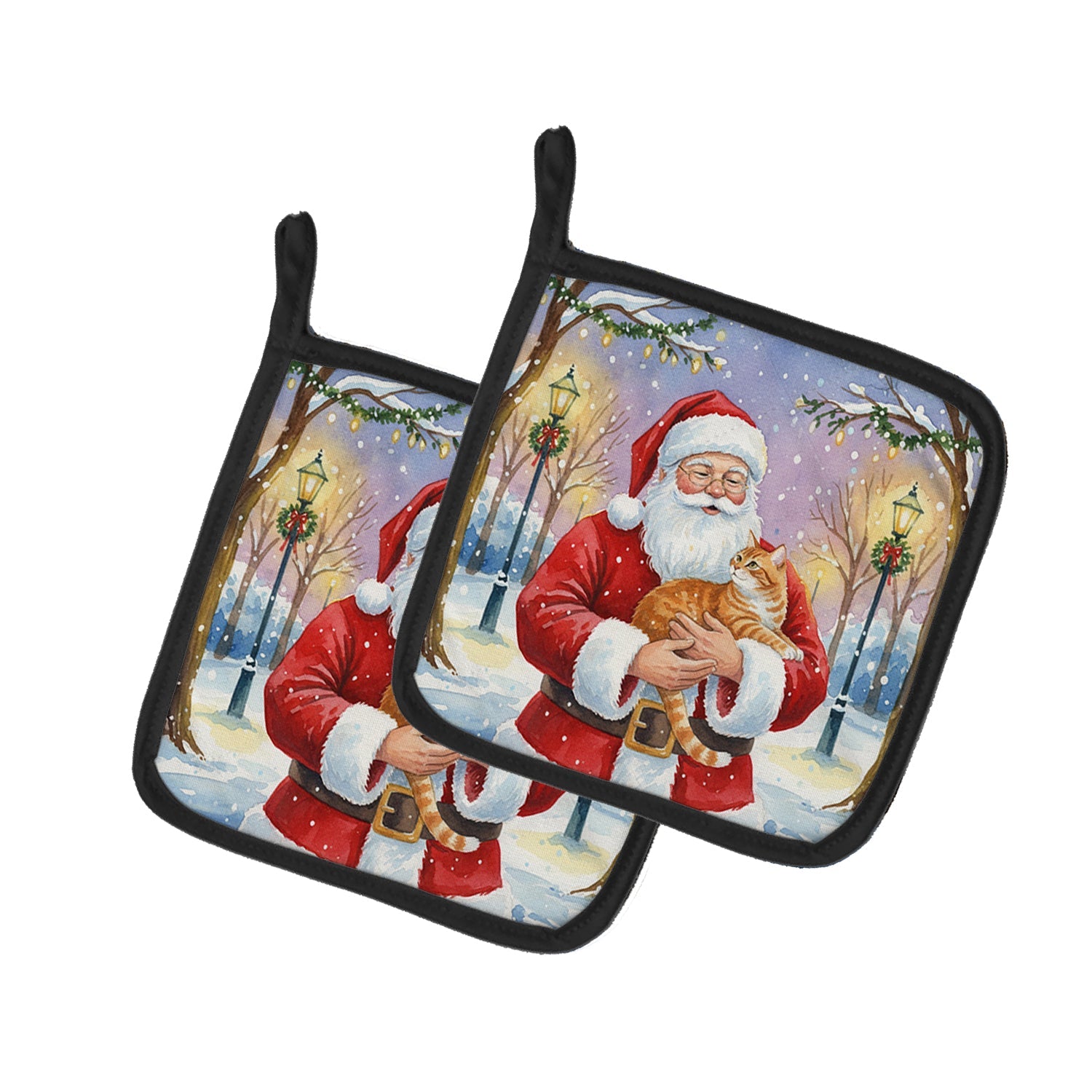 Orange Classic Tabby Cat with Santa Claus Pot Holder Set of 2 Heat Resistant Quilted Hot Pads 7.5 x 7.5 Inch, Insulated Kitchen Trivets for Cooking & Baking
