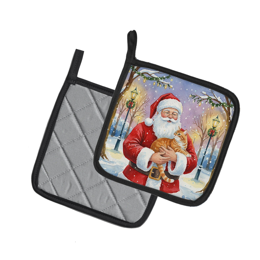 Orange Classic Tabby Cat with Santa Claus Pot Holder Set of 2 Heat Resistant Quilted Hot Pads 7.5 x 7.5 Inch, Insulated Kitchen Trivets for Cooking & Baking