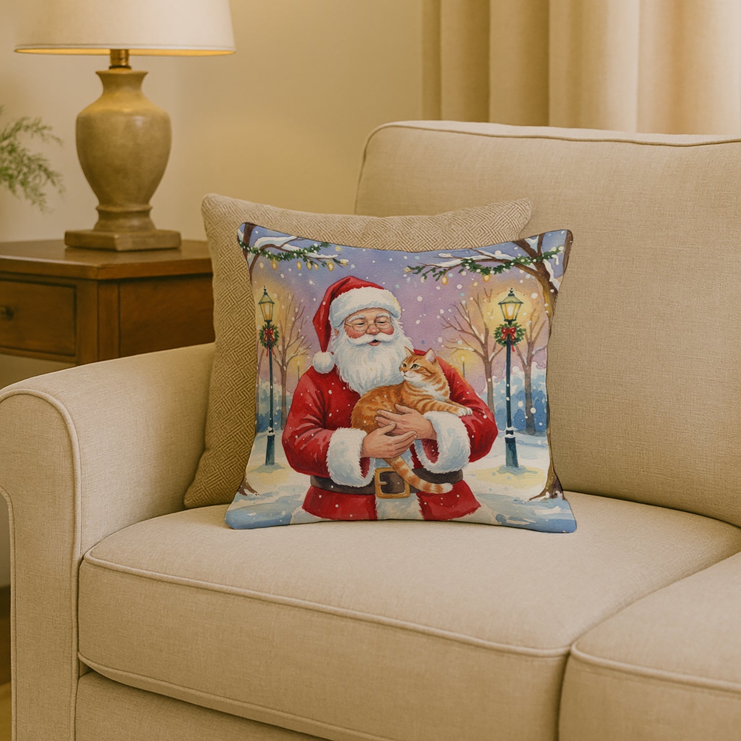 Orange Classic Tabby Cat with Santa Claus Decorative Throw Pillow 18x18 Indoor Outdoor Accent Cushion, Fabric Cover with Insert for Sofa, Bed, Porch & Living Room