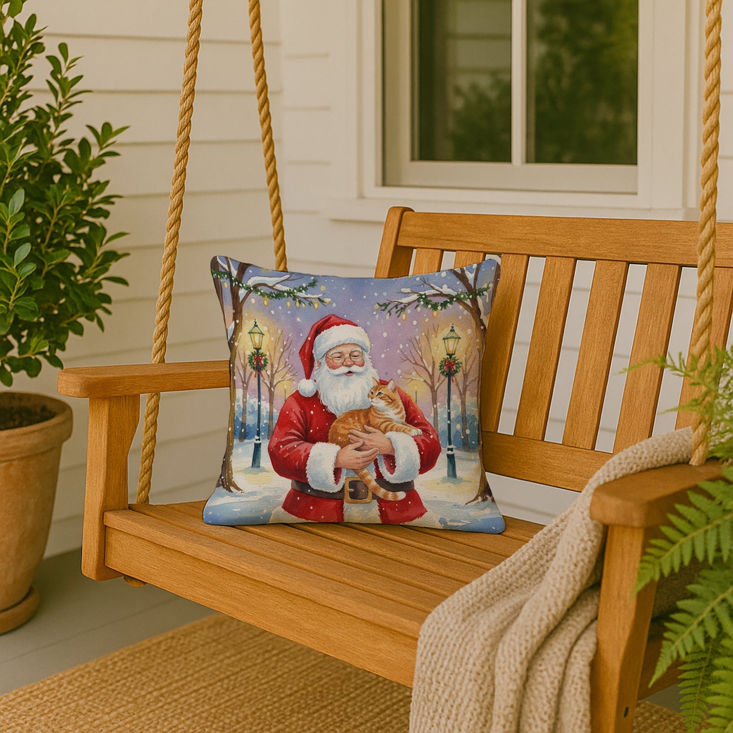 Orange Classic Tabby Cat with Santa Claus Decorative Throw Pillow 18x18 Indoor Outdoor Accent Cushion, Fabric Cover with Insert for Sofa, Bed, Porch & Living Room