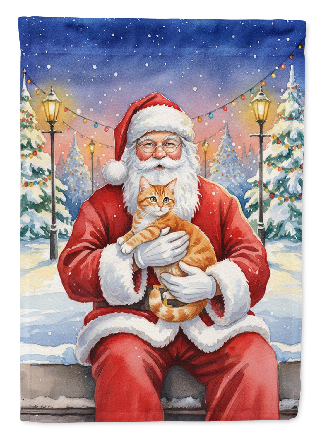 Orange Mackerel Tabby Cat with Santa Claus House Flag 28x40 Porch Sleeve Pole Decorative Outside Yard Banner Artwork Wall Hanging, Polyester