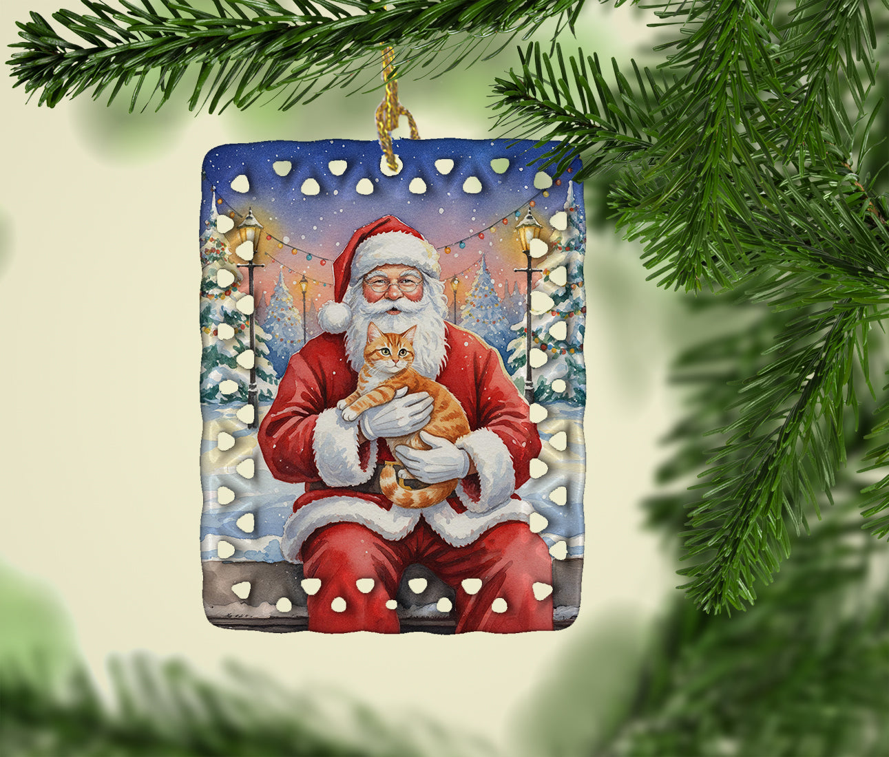 Orange Mackerel Tabby Cat with Santa Claus Porcelain Ornament Christmas Tree Hanging Decorations for Home Christmas Holiday, Rectangle, Gift, Multicolor