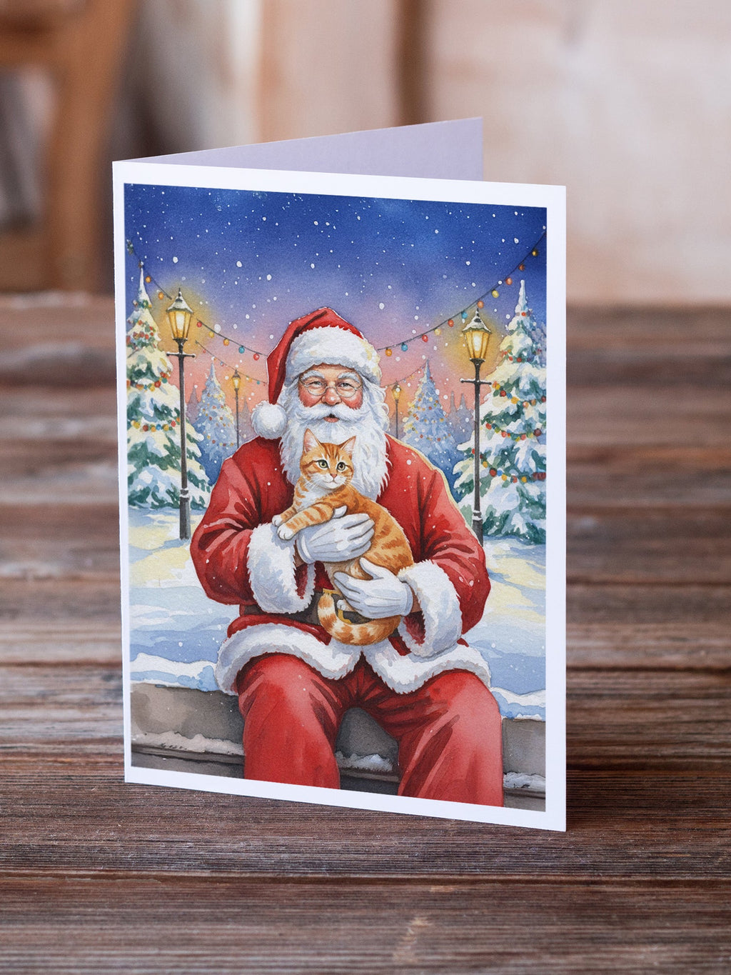 Orange Mackerel Tabby Cat with Santa Claus Greeting Cards Pack of 8 Blank Cards with Envelopes Whimsical A7 Size 5x7