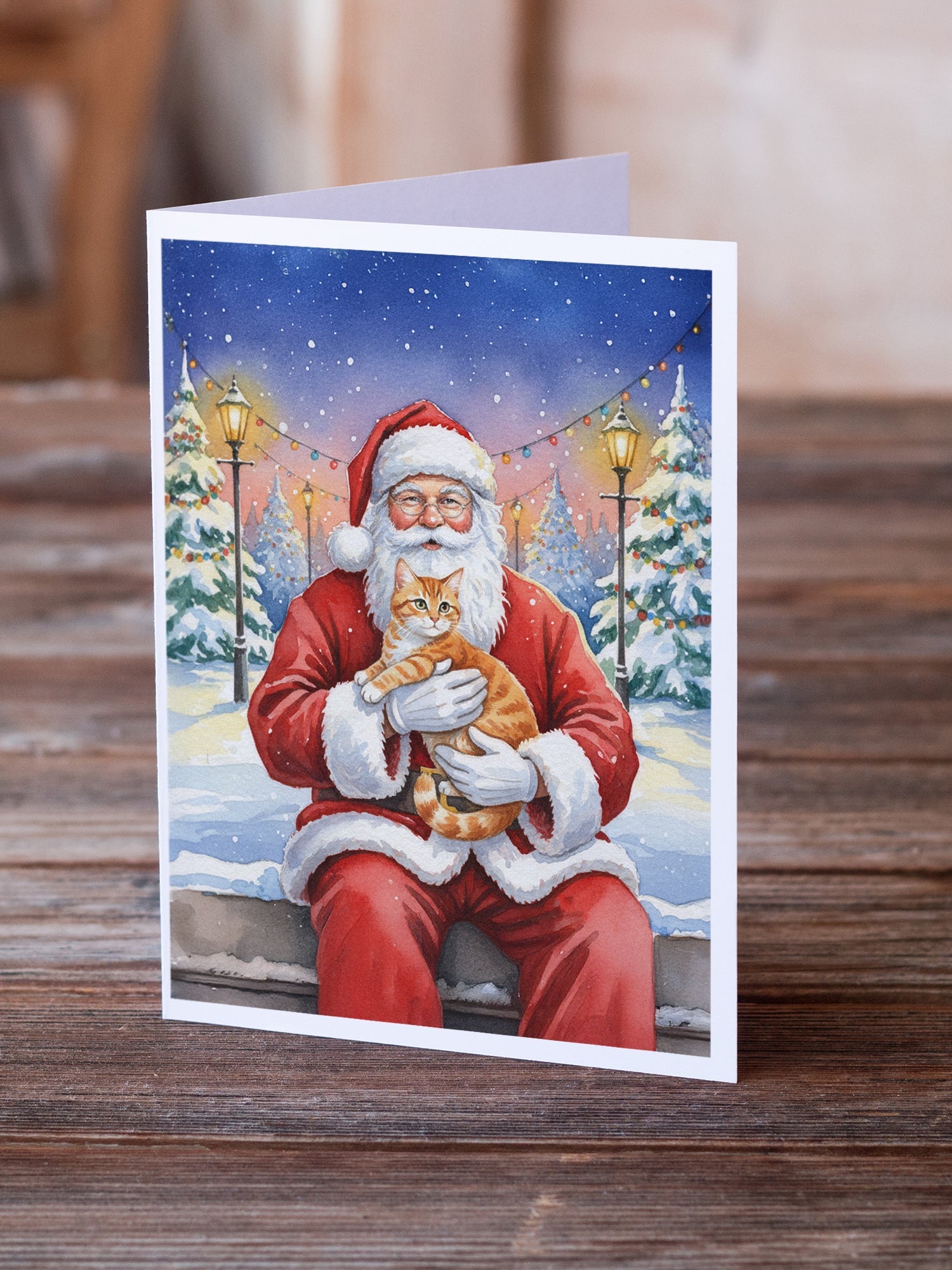 Orange Mackerel Tabby Cat with Santa Claus Greeting Cards Pack of 8 Blank Cards with Envelopes Whimsical A7 Size 5x7