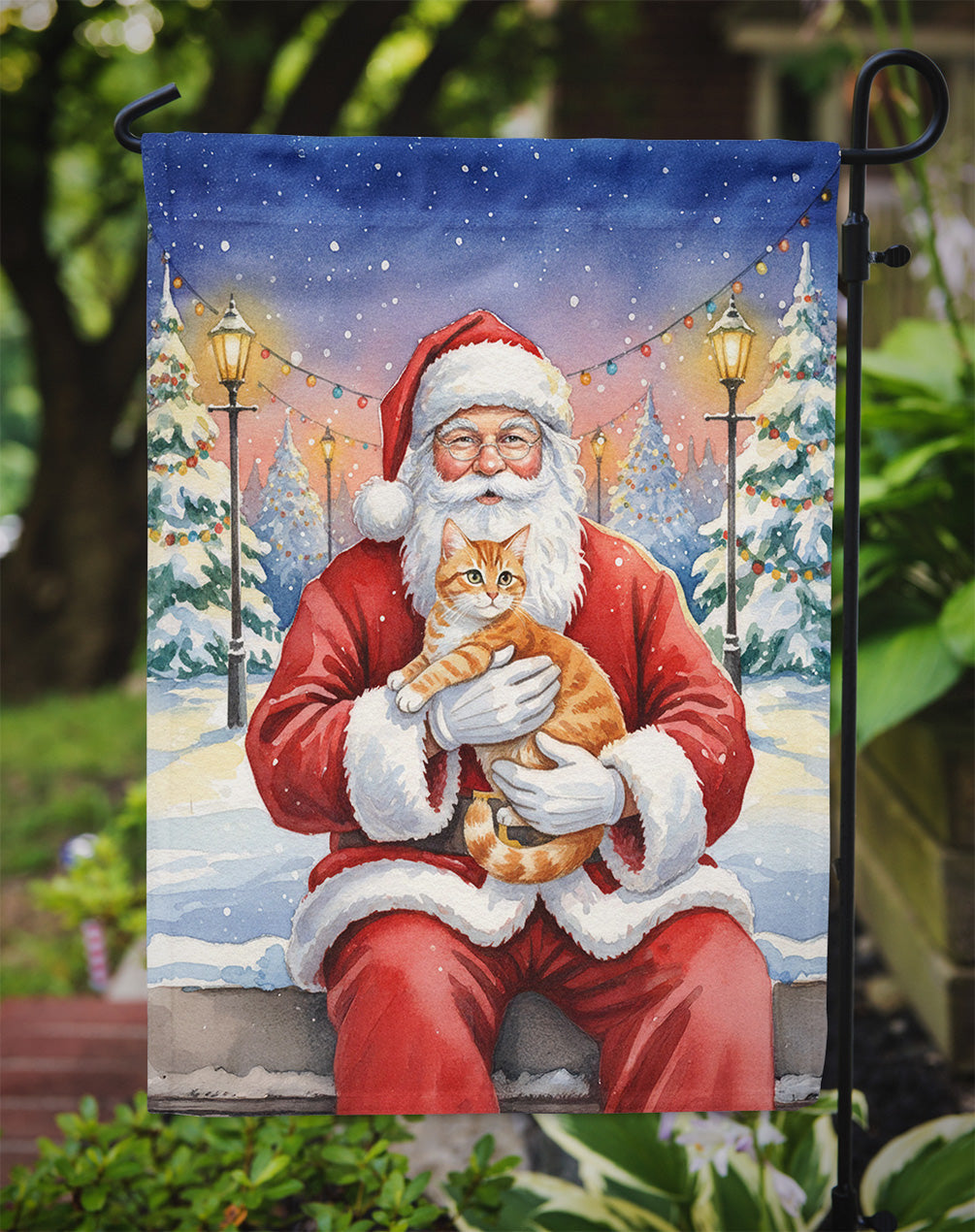 Orange Mackerel Tabby Cat with Santa Claus Garden Flag Mailbox Decorative Yard Banner Outside Patio Artwork for Flower Beds, Garden Size, Multicolor
