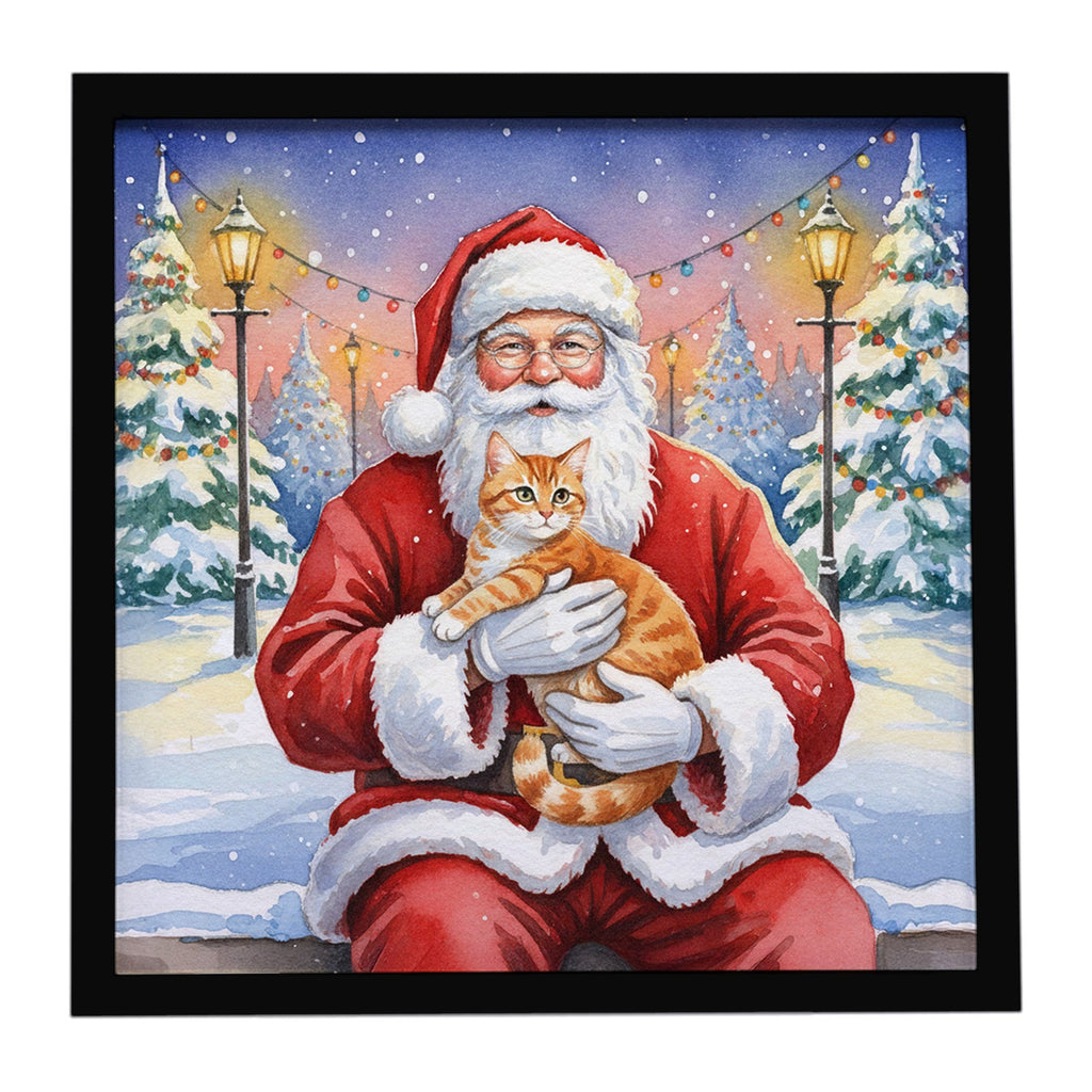 Orange Mackerel Tabby Cat with Santa Claus Framed Metal Print Bathroom, Kitchen, Office, Home Decor Wall Art Ready to Hang, Square, 8X8